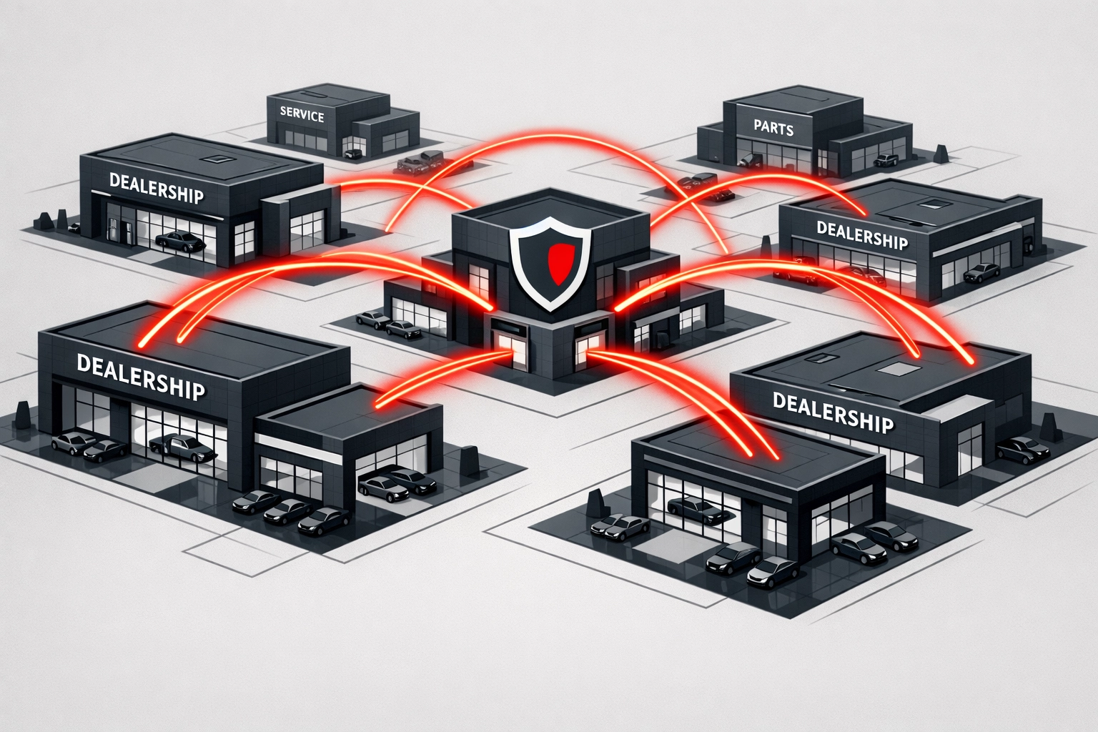 Digital network showing interconnected car dealerships sharing recall data to manage high service volumes.