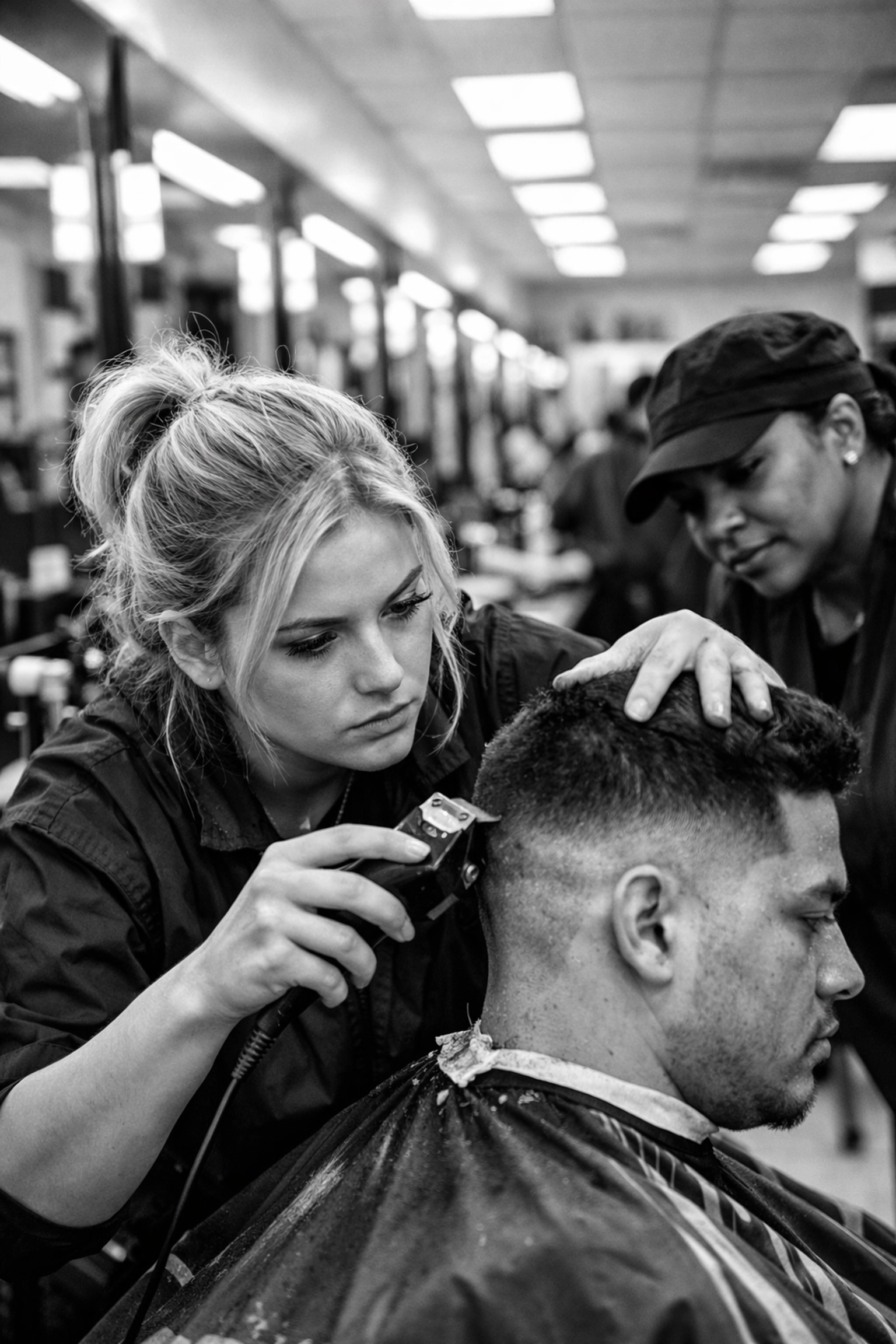 X-Quisite Cutz student performing a precision fade haircut in a supervised school setting.