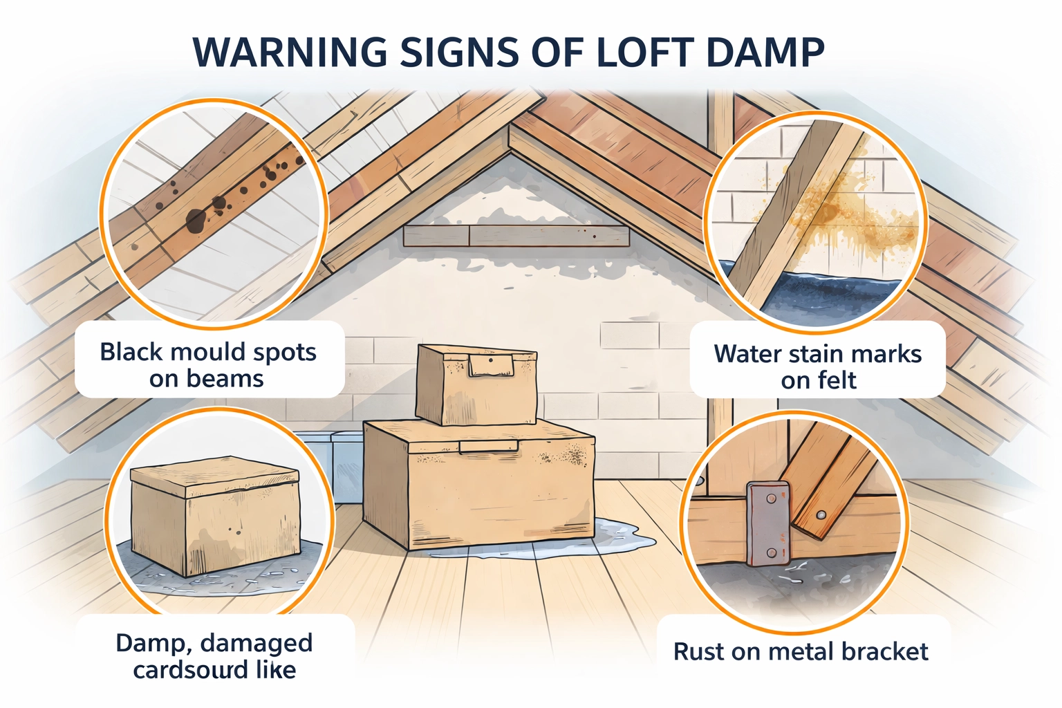Diagram highlighting common damp signs in a loft, including mould, water stains, and rust, for North West homes.