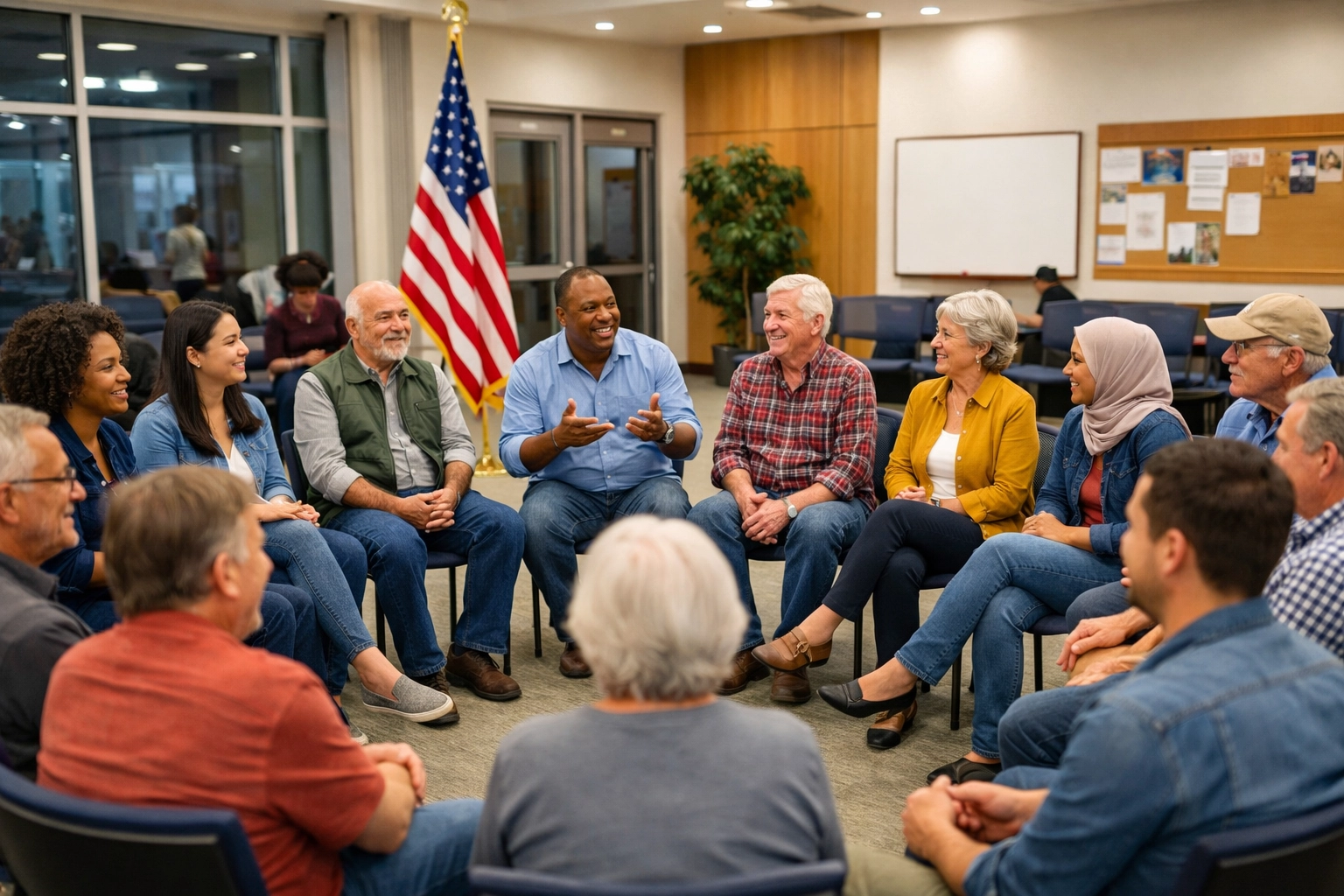 Community dialogue on unity and liberty in a town hall setting, promoting civic education and shared values.