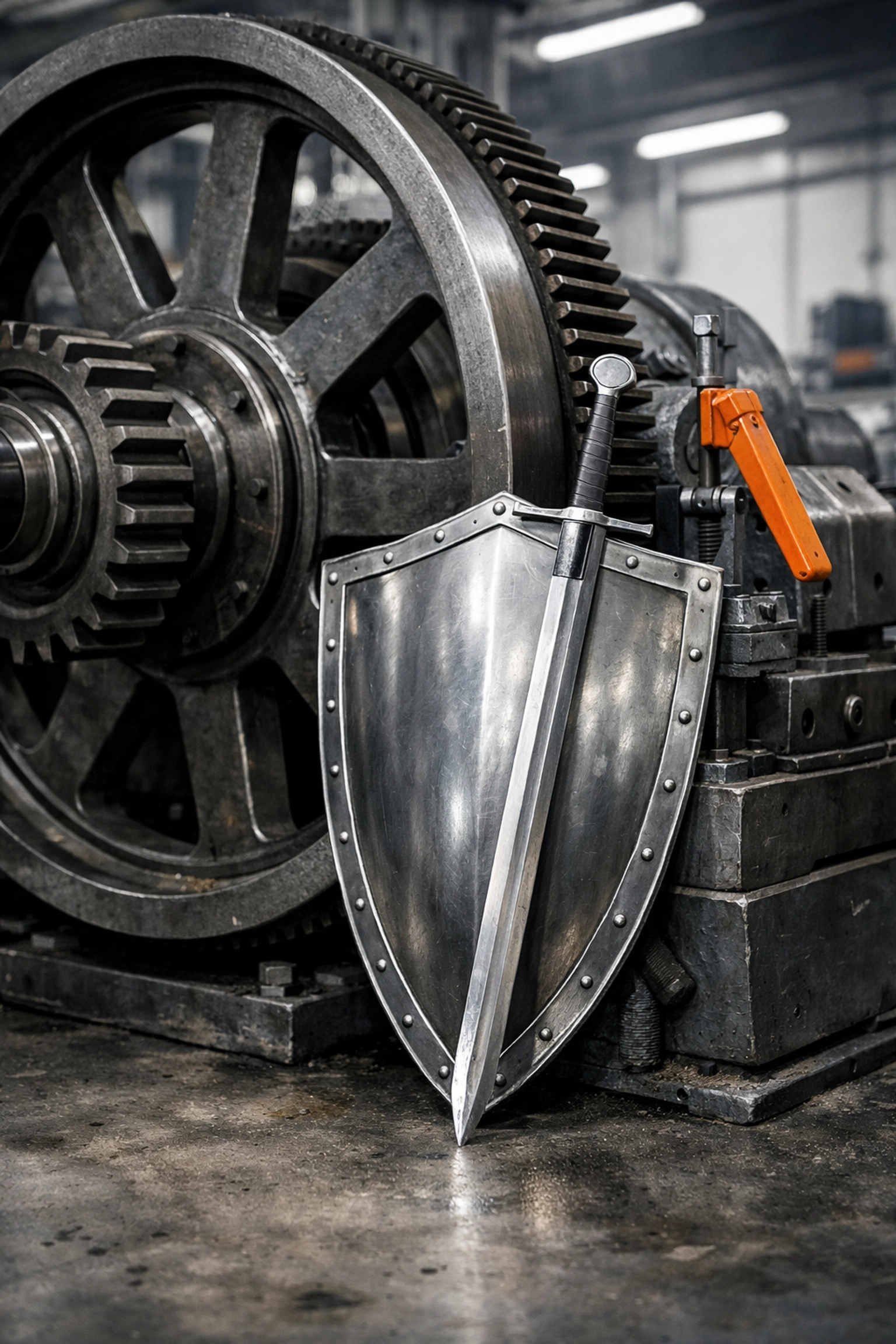 Industrial flywheel with a sword and shield, representing the Warrior-Steward's financial protection.