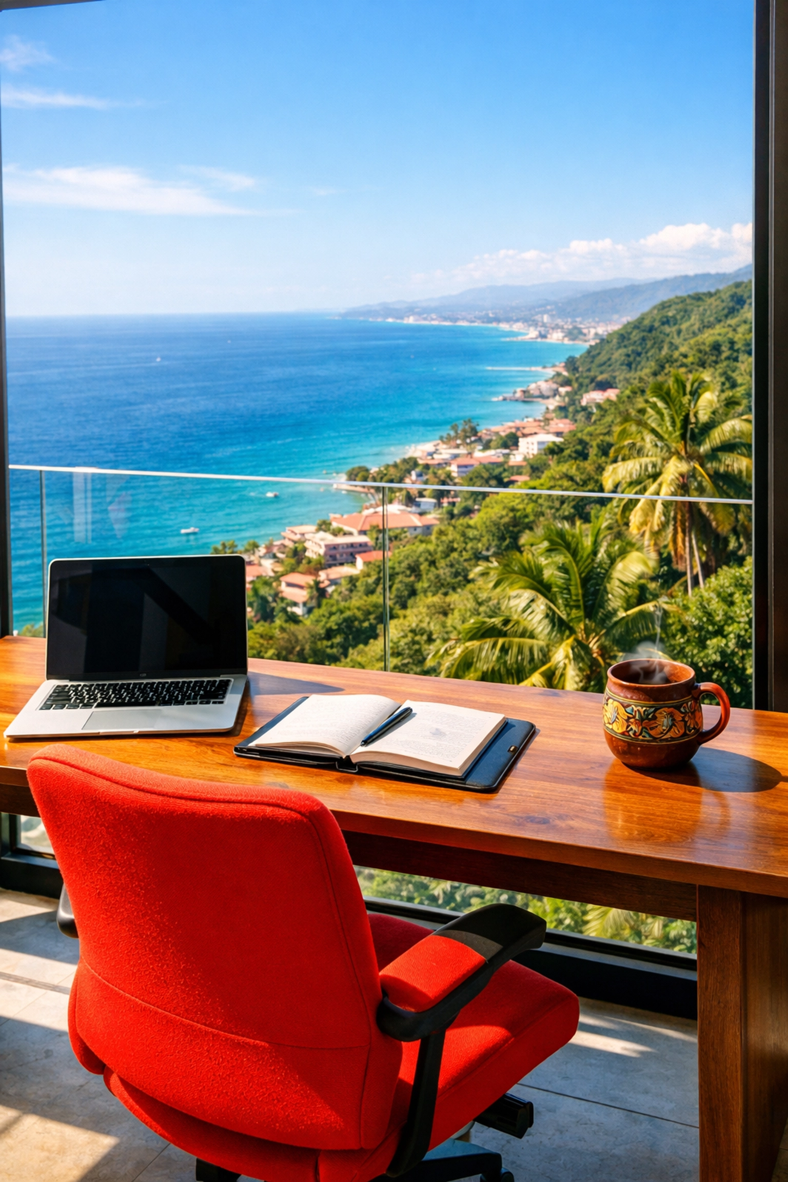 Modern hillside office in an Amapas condo with panoramic Pacific Ocean views for digital nomads.