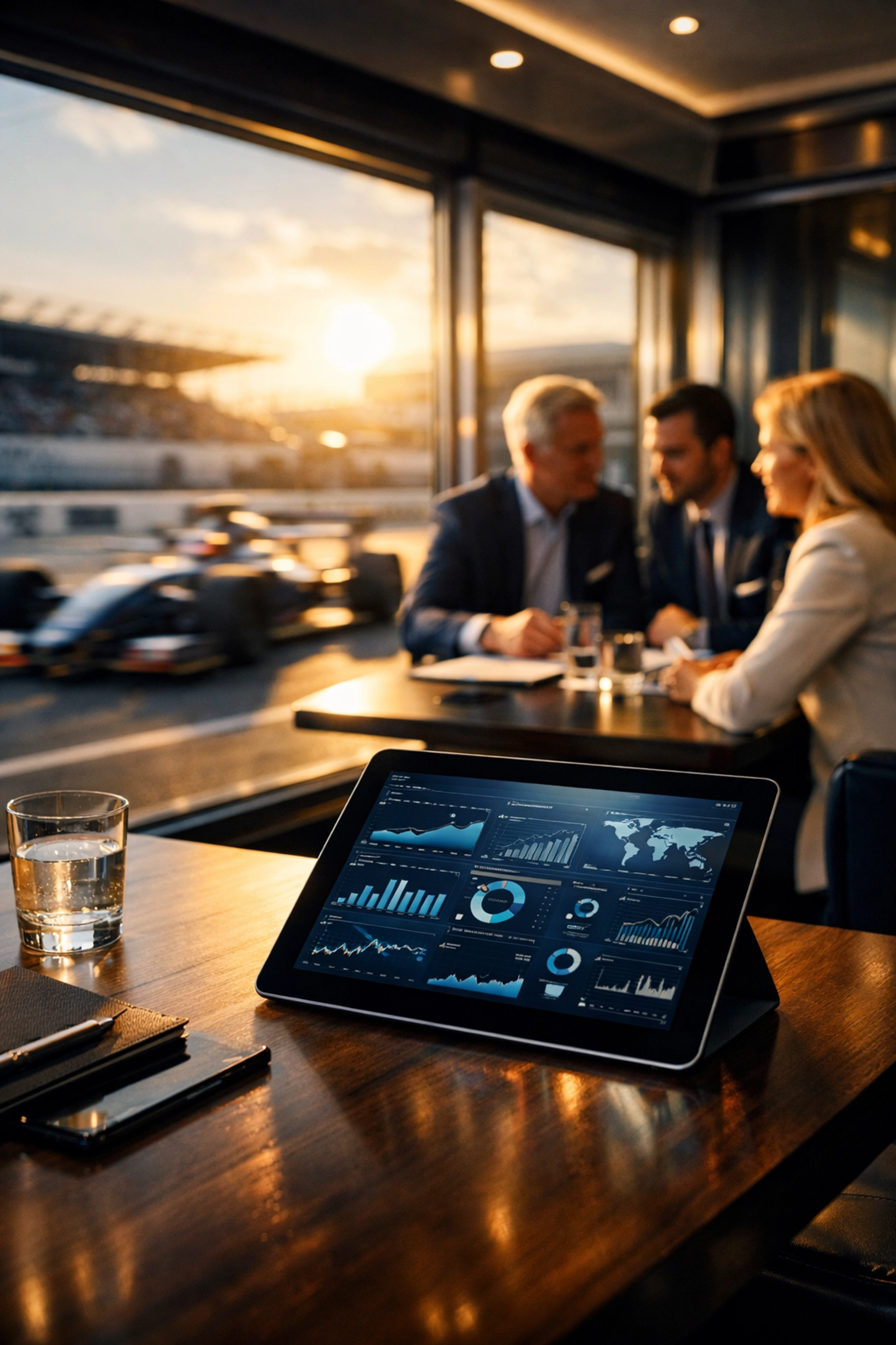 Corporate motorsport strategy session overlooking a race track for high-value B2B brand partnerships.