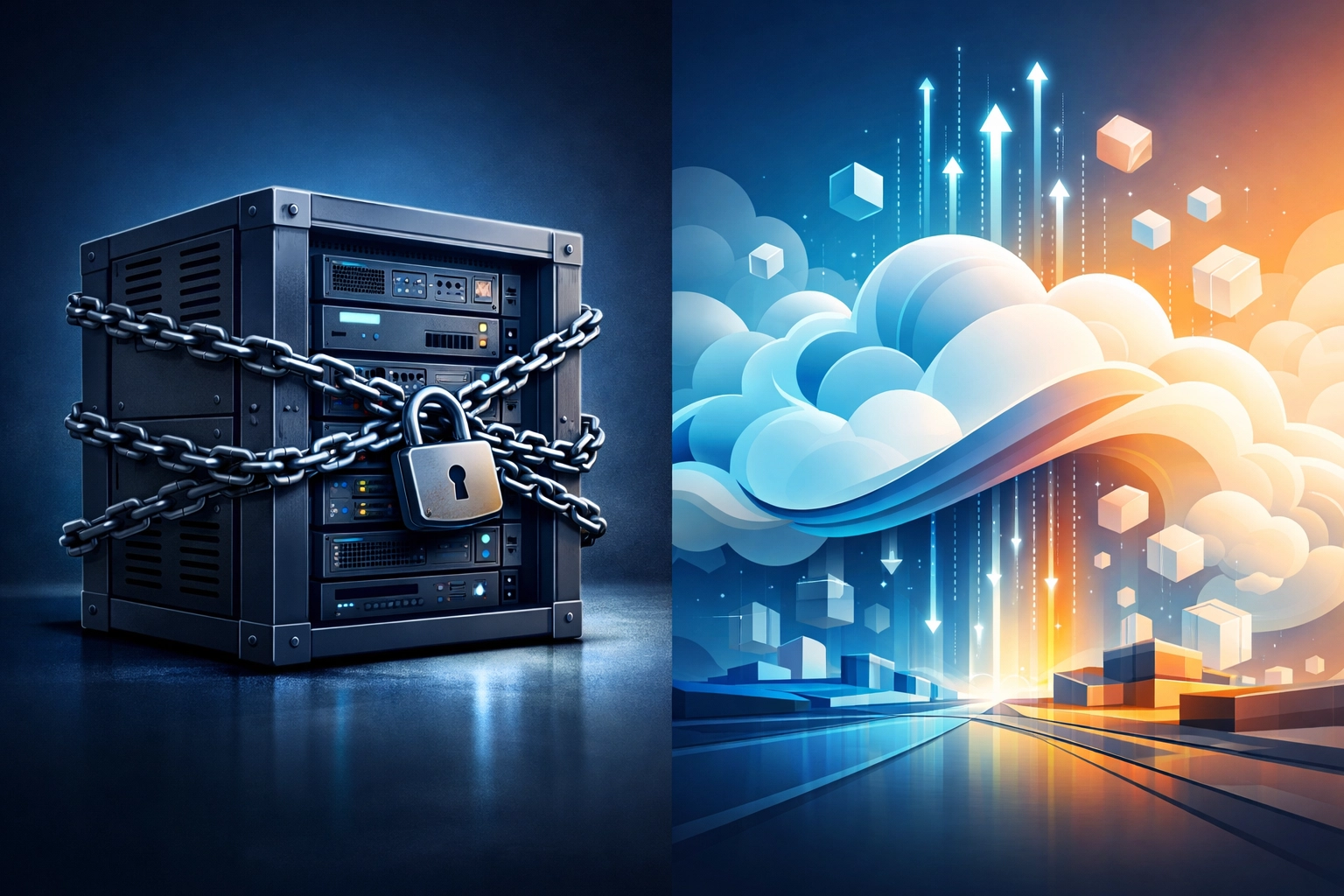 Visual comparison of inflexible on-premise ERP versus scalable cloud infrastructure