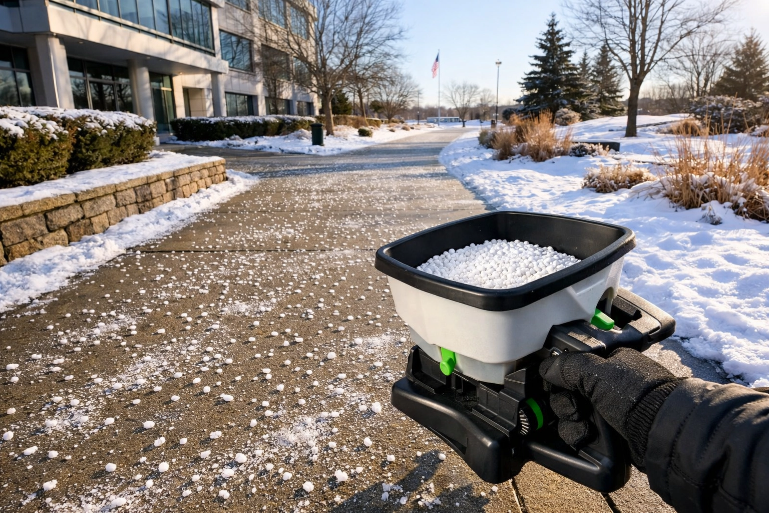 Applying calcium chloride ice melt to concrete walkway for winter property maintenance