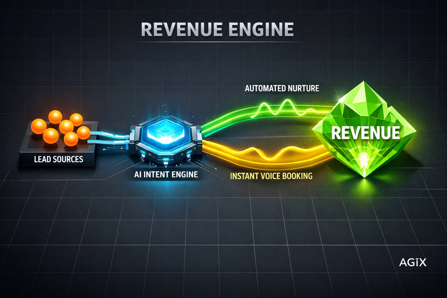 GoHighLevel revenue engine architecture showing lead flow from source to automated sales conversion.