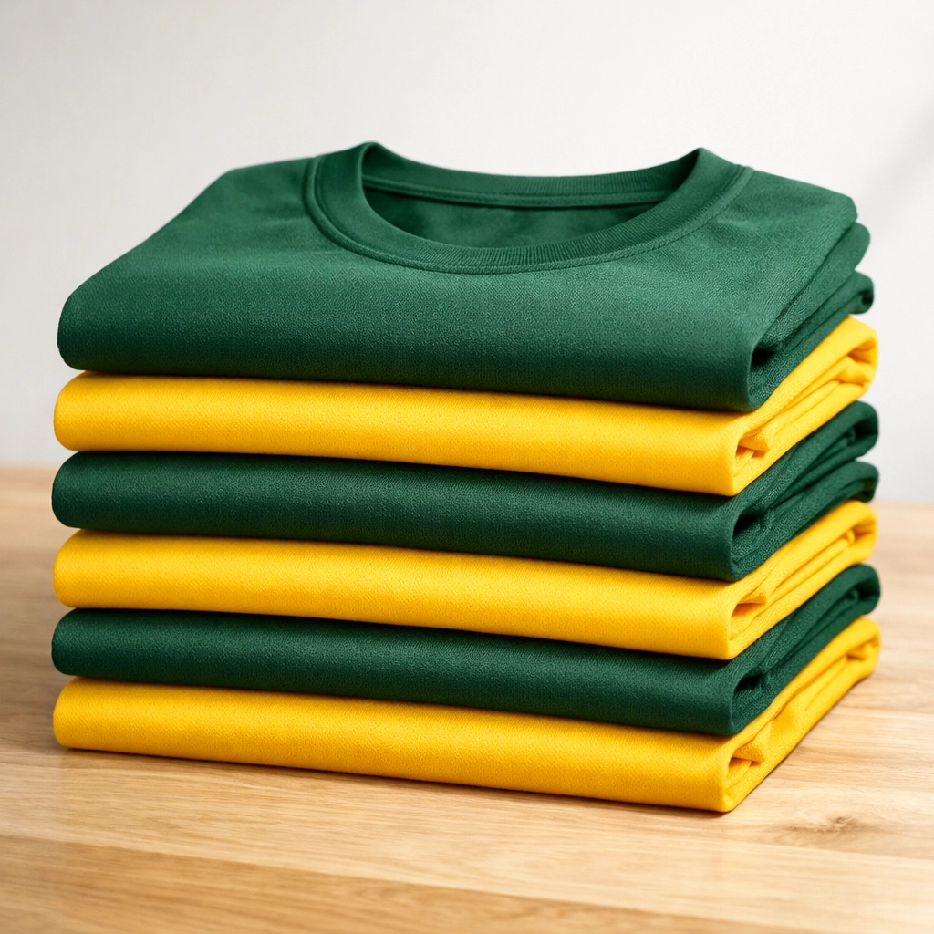 Green and yellow performance shirts from a local screen printing near me service for landscaping crews.