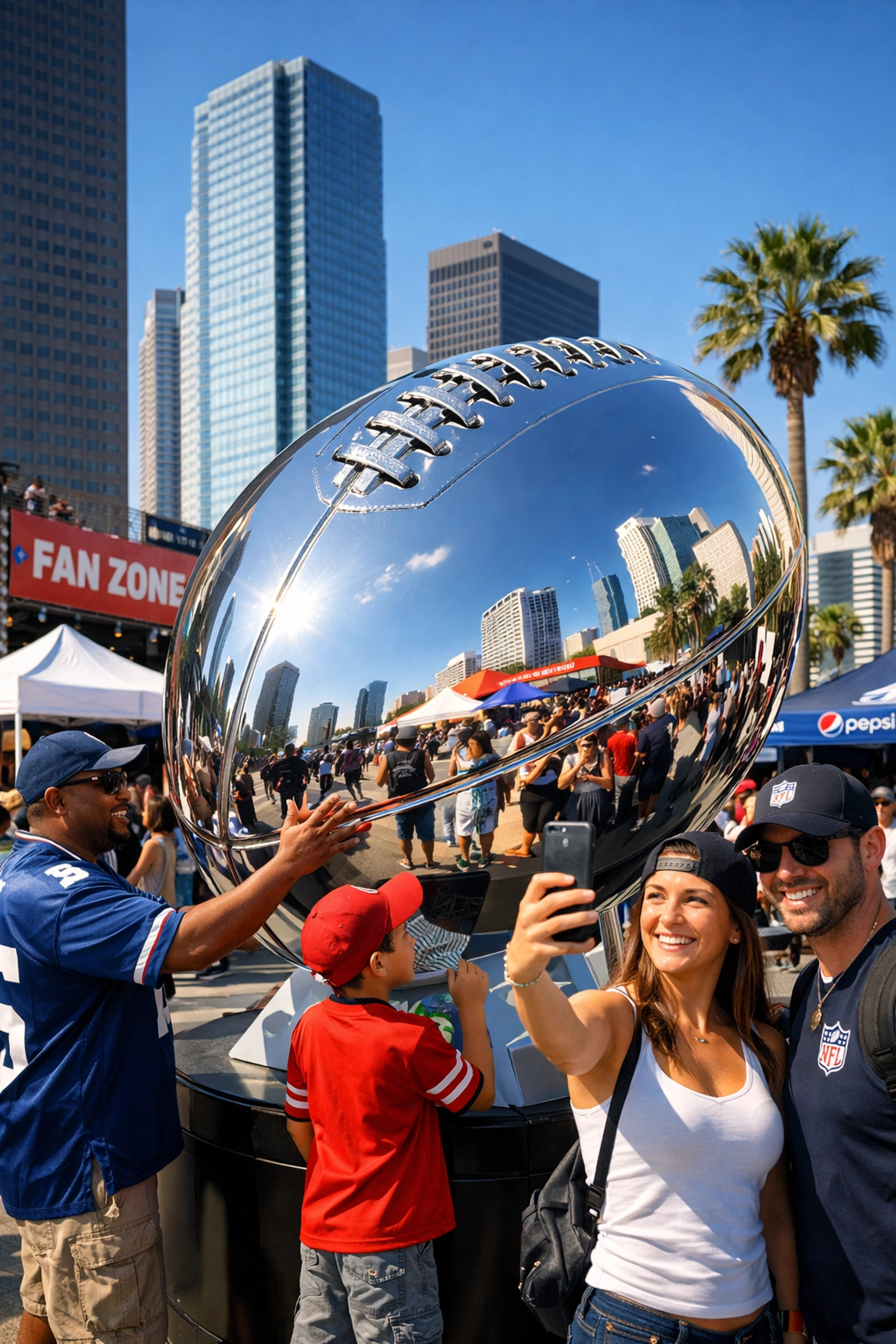 Fans enjoying an interactive chrome football sculpture at a Super Bowl 2026 city-wide fan engagement zone.