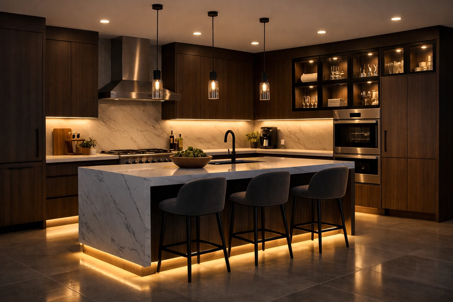 Luxury kitchen with layered LED lighting including under-cabinet illumination and glowing island toe-kicks.