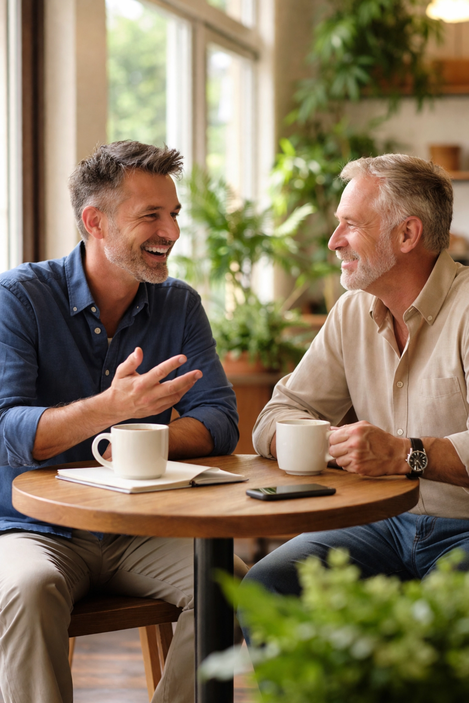 Two Arkansas business owners smiling and connecting over coffee during a relaxed one-on-one meeting, highlighting authentic relationship building.