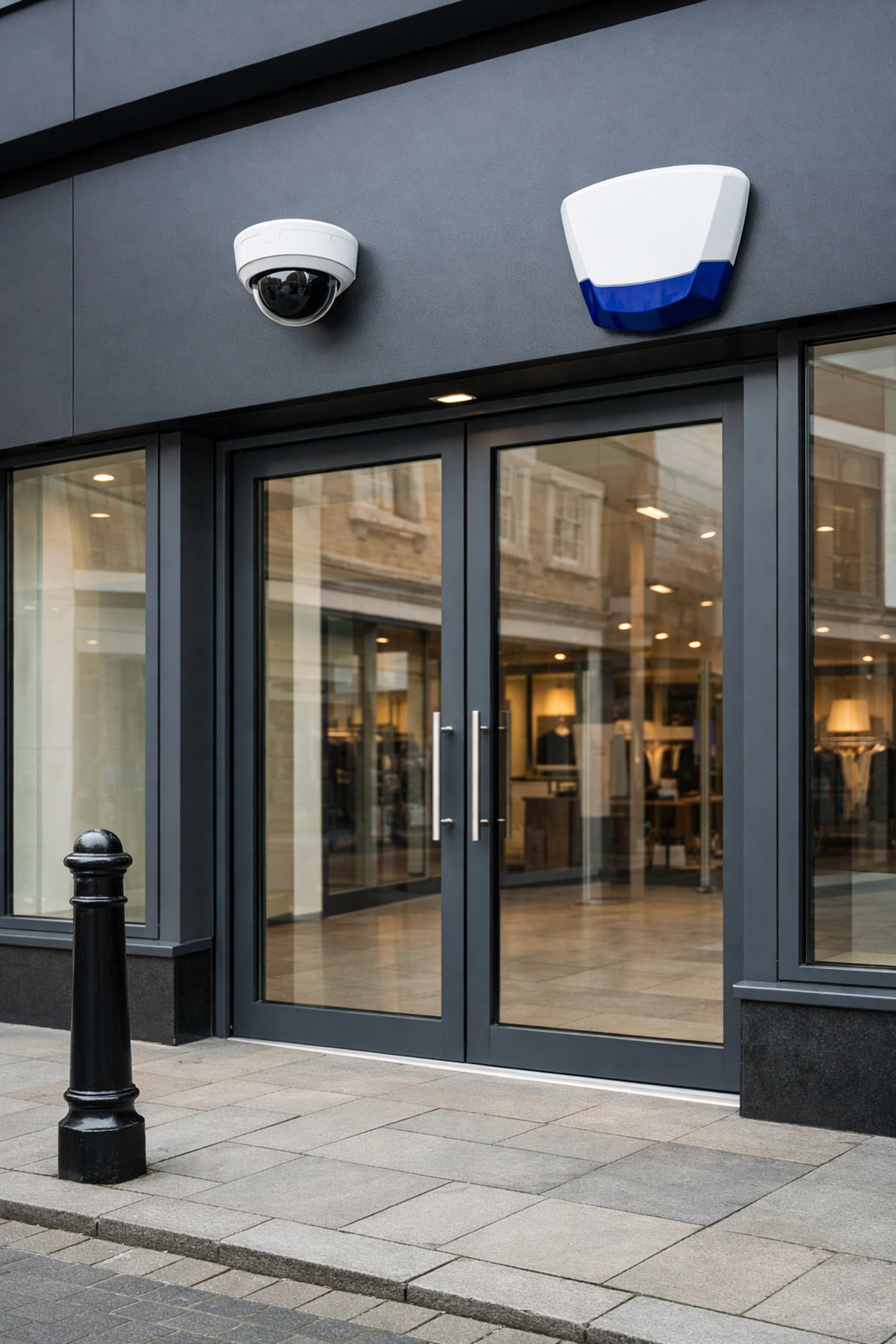 Commercial security alarm and CCTV camera installation on a modern retail storefront in central Banbury.