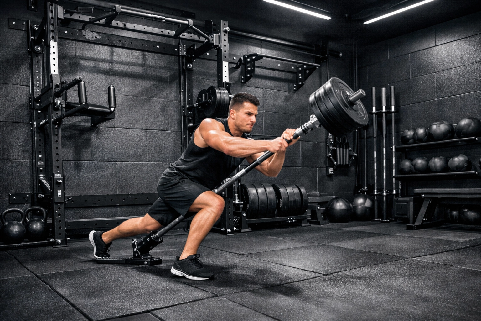 High-intensity full body workout at home using professional crossfit home gym equipment and floor-to-ceiling rails.