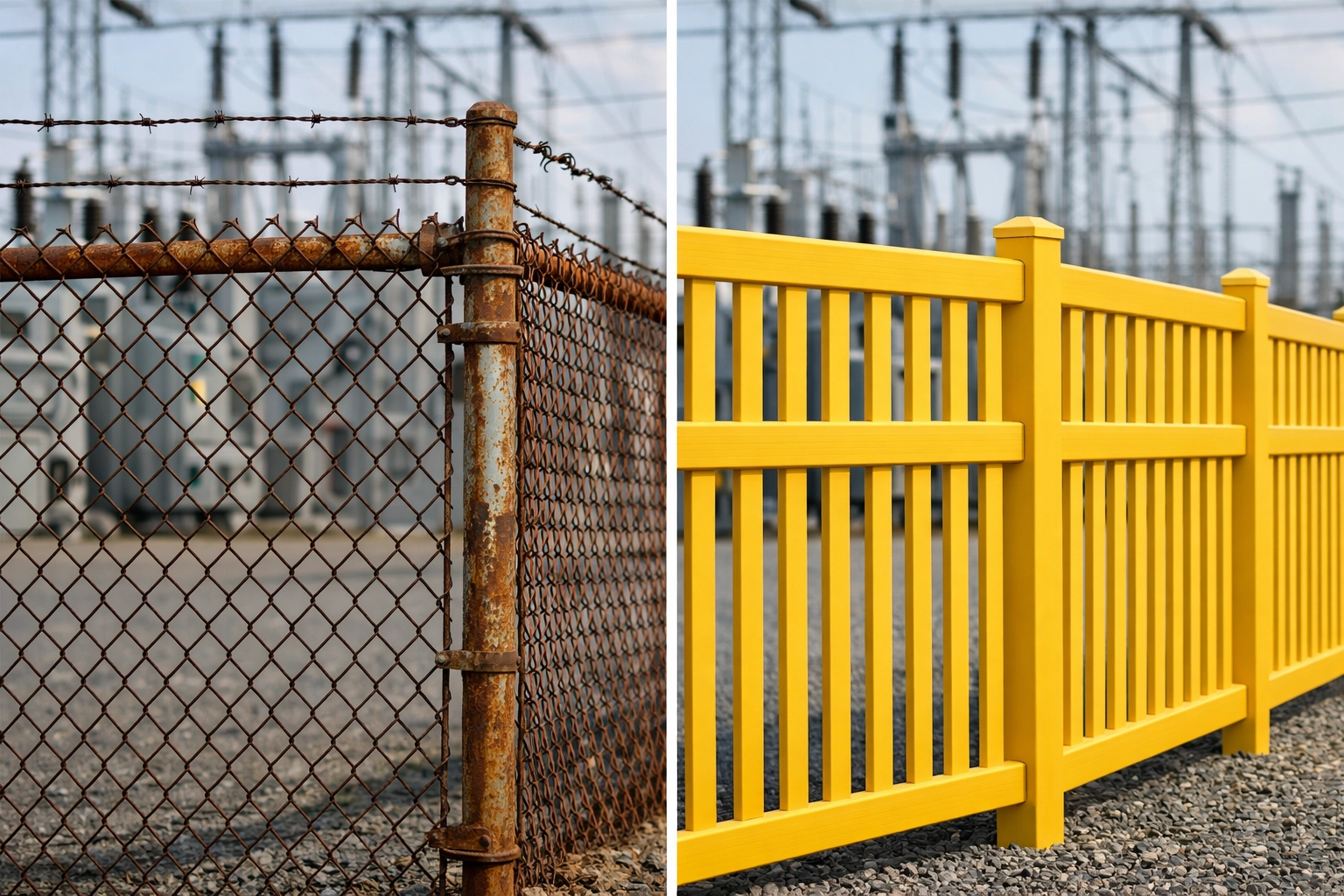 Side-by-side comparison showing a rusted metal fence next to a clean, vibrant bright safety yellow pultruded FRP fence in a power substation.