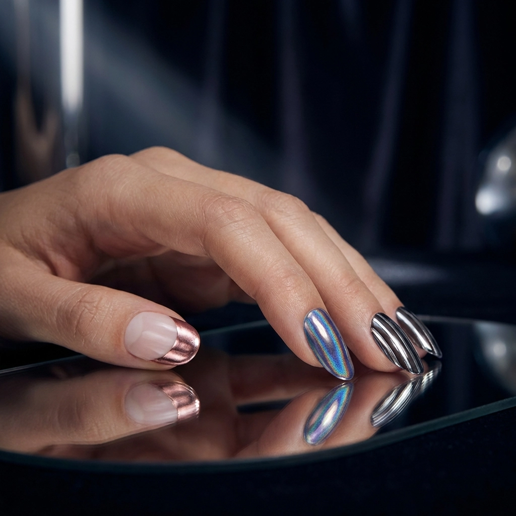 Glamorous nails featuring chrome French tips, holographic aurora chrome, and metallic accents for a trendy look.