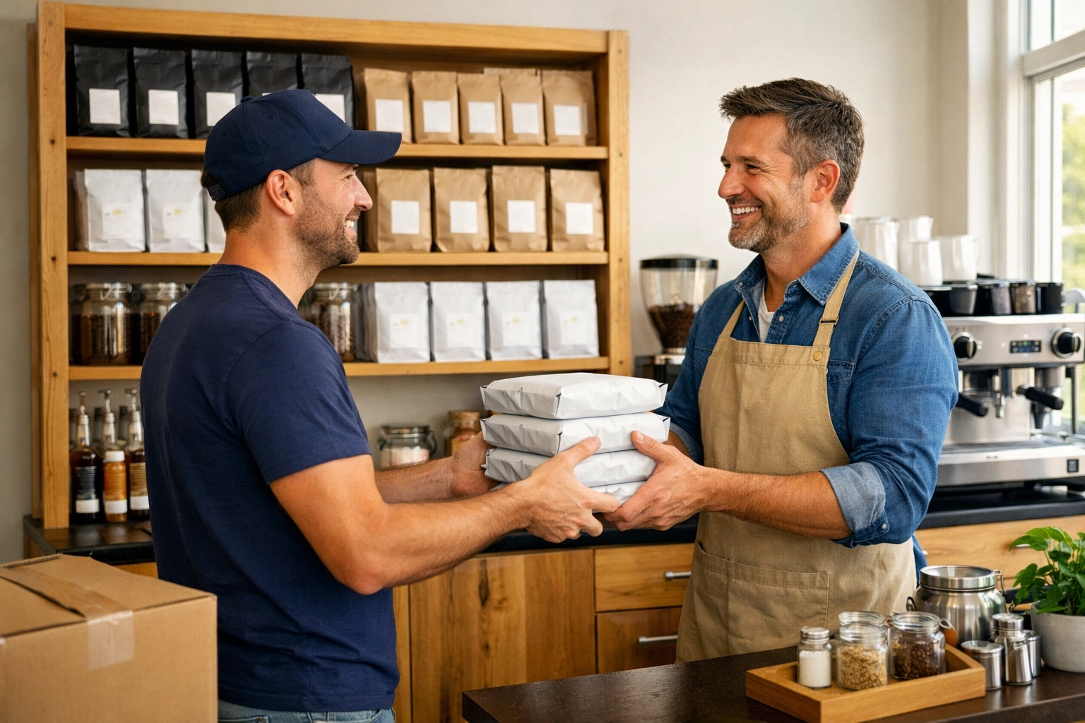 Coffee supplier delivering fresh wholesale coffee bags to independent café owner