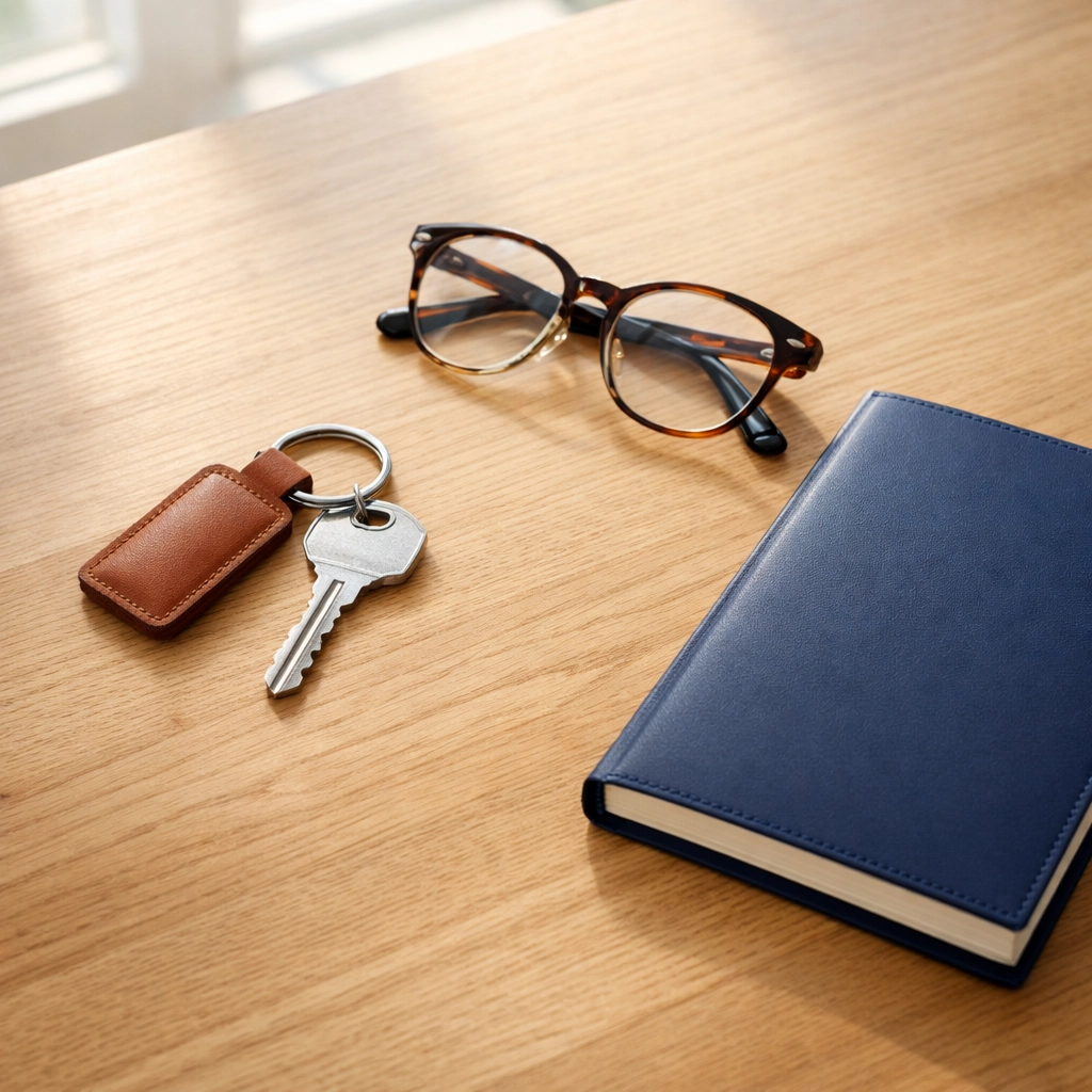 Silver keys and a notebook on a professional desk, symbolizing a new business acquisition.