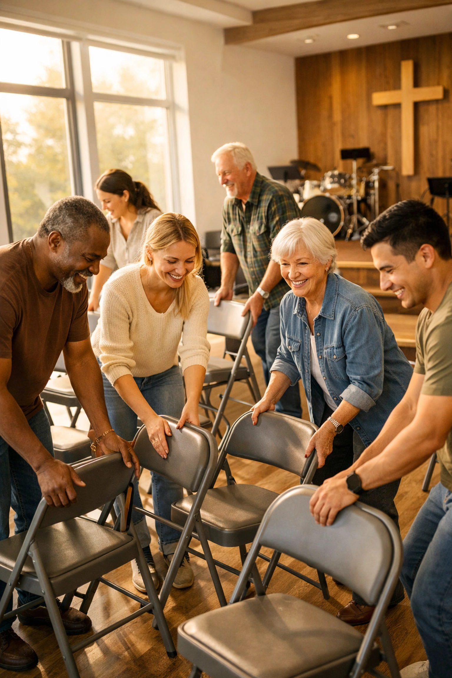 Church volunteers setting up chairs together showing generosity through service and time Church volunteers setting up chairs together showing generosity through service and time