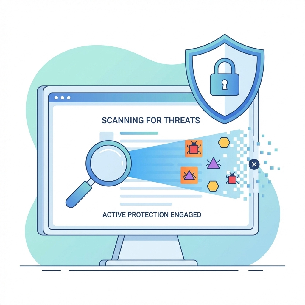 Computer screen scanned for cyber threats with antivirus protection, highlighting security tips