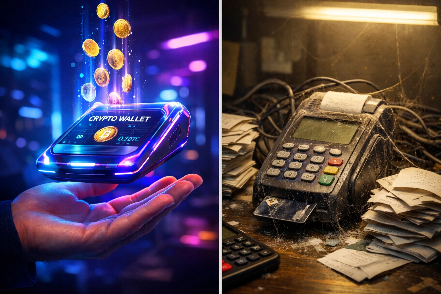 Self-custody crypto wallet vs traditional payment terminal showing merchant payment processing evolution