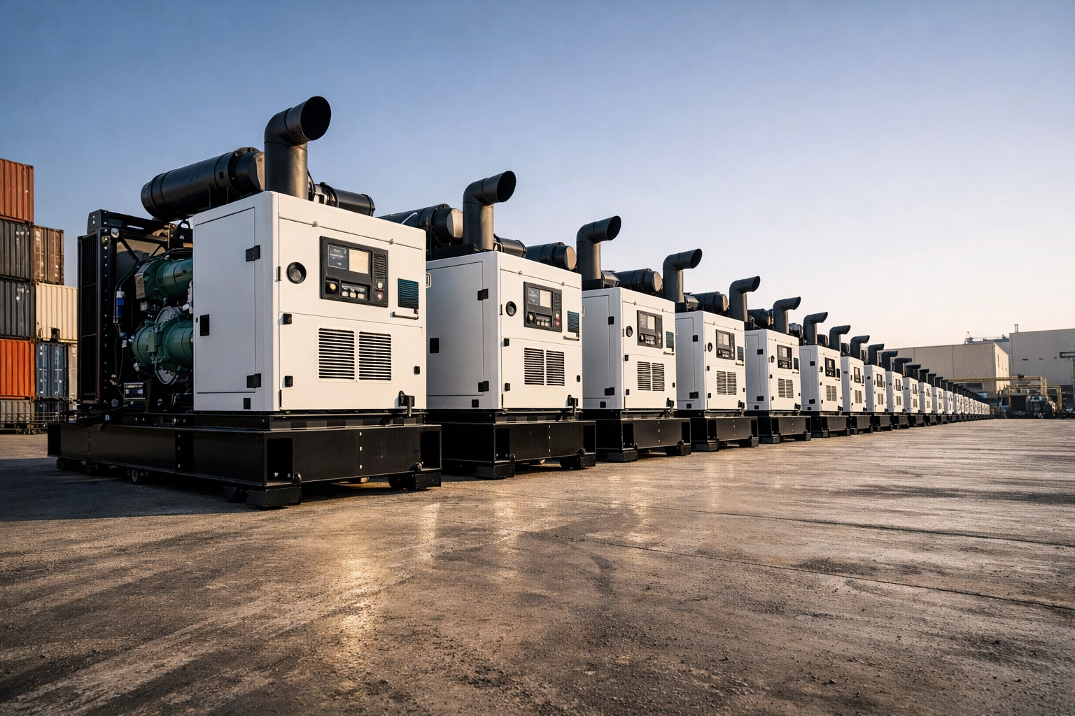 Looking For a Used Industrial Generator? Here Are 10 Things You Should Know 4 A row of used industrial generators ready for shipment in an organized equipment yard.