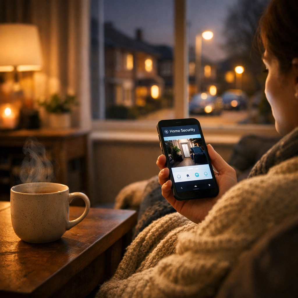 Homeowner using a mobile app to monitor their security system from a cozy living room in Berkshire.