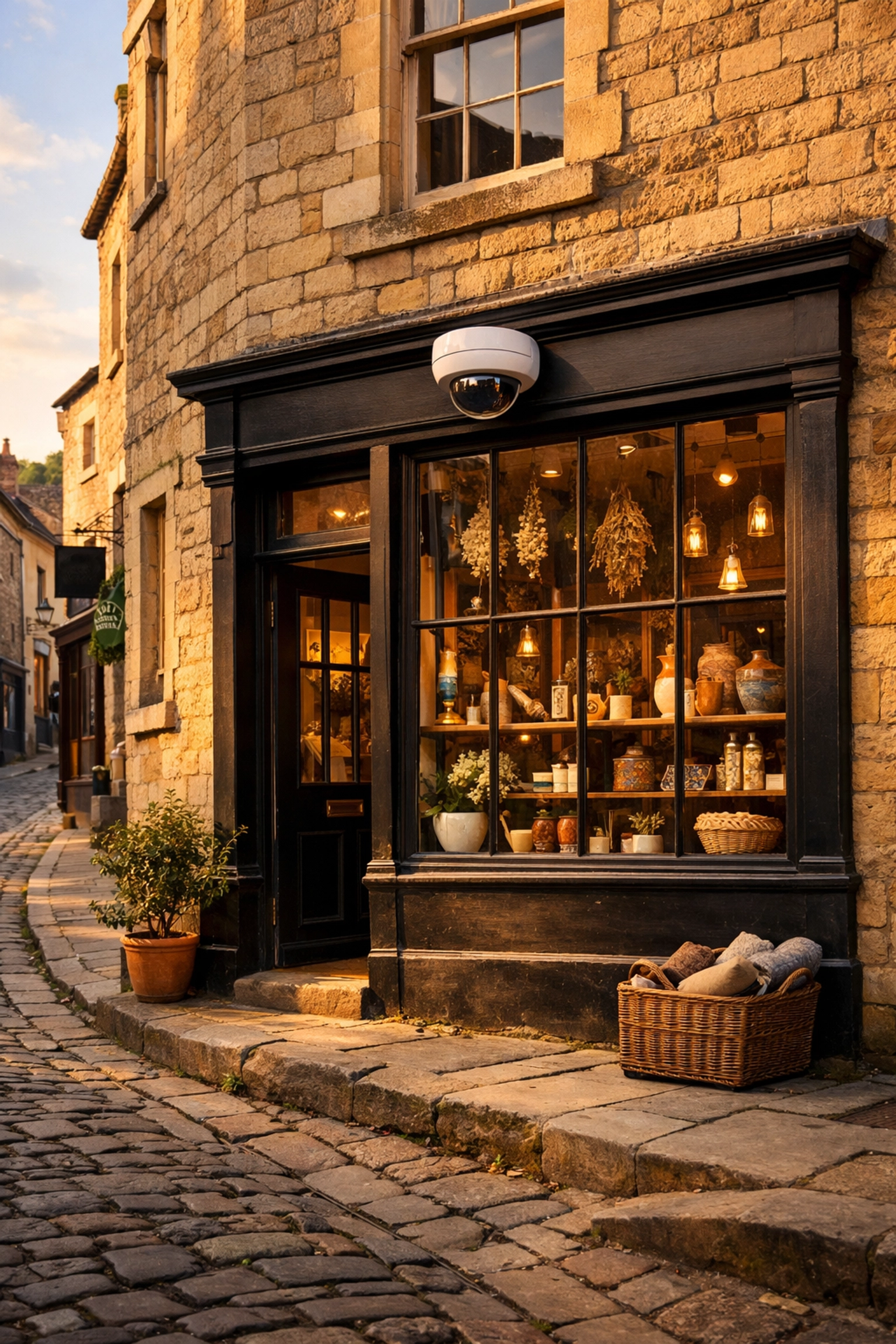 A discreet dome camera installed on a traditional Frome business storefront for advanced commercial security.