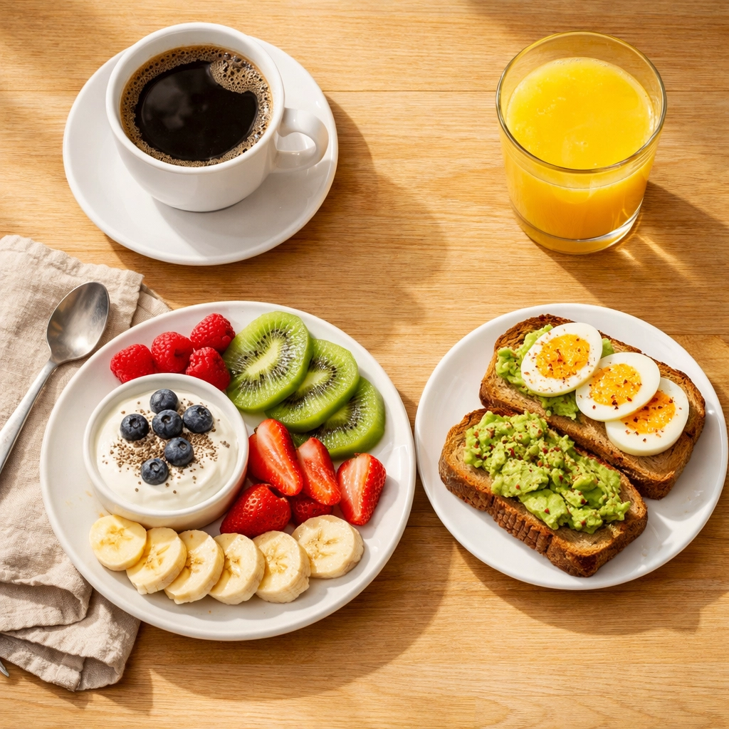 Healthy breakfast with coffee, fresh fruit, and whole grains on wooden table