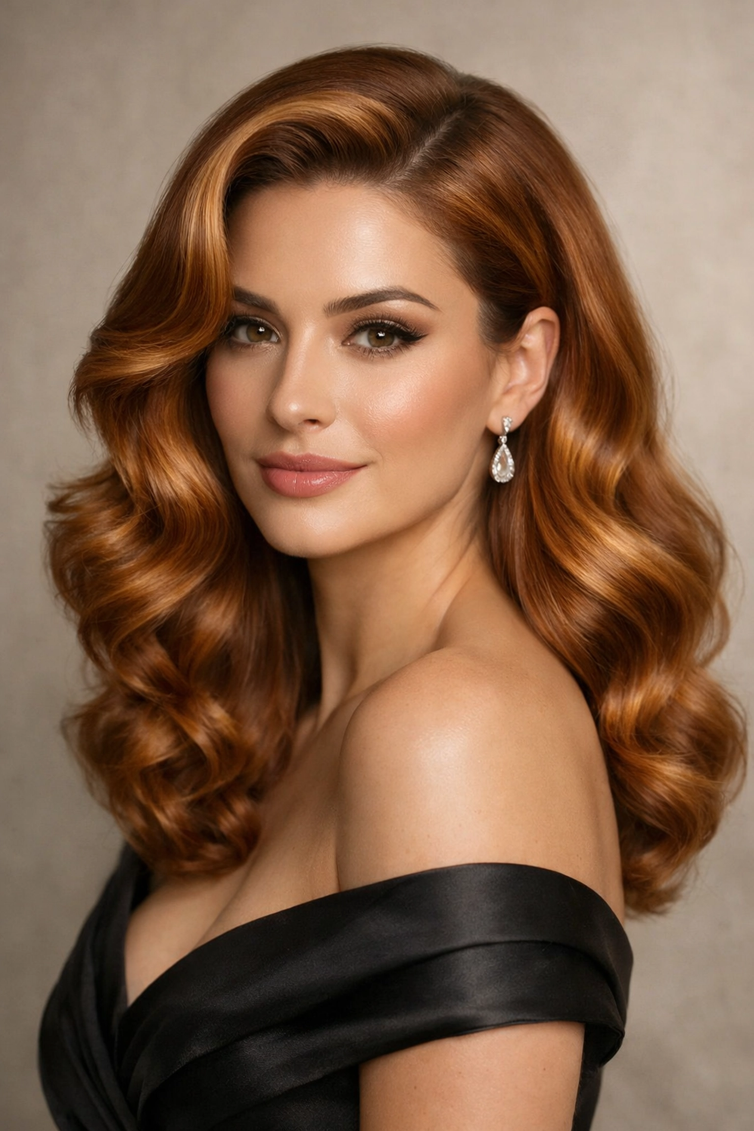 Dramatic hair color transformation featuring vibrant copper-caramel tones and elegant Hollywood waves.