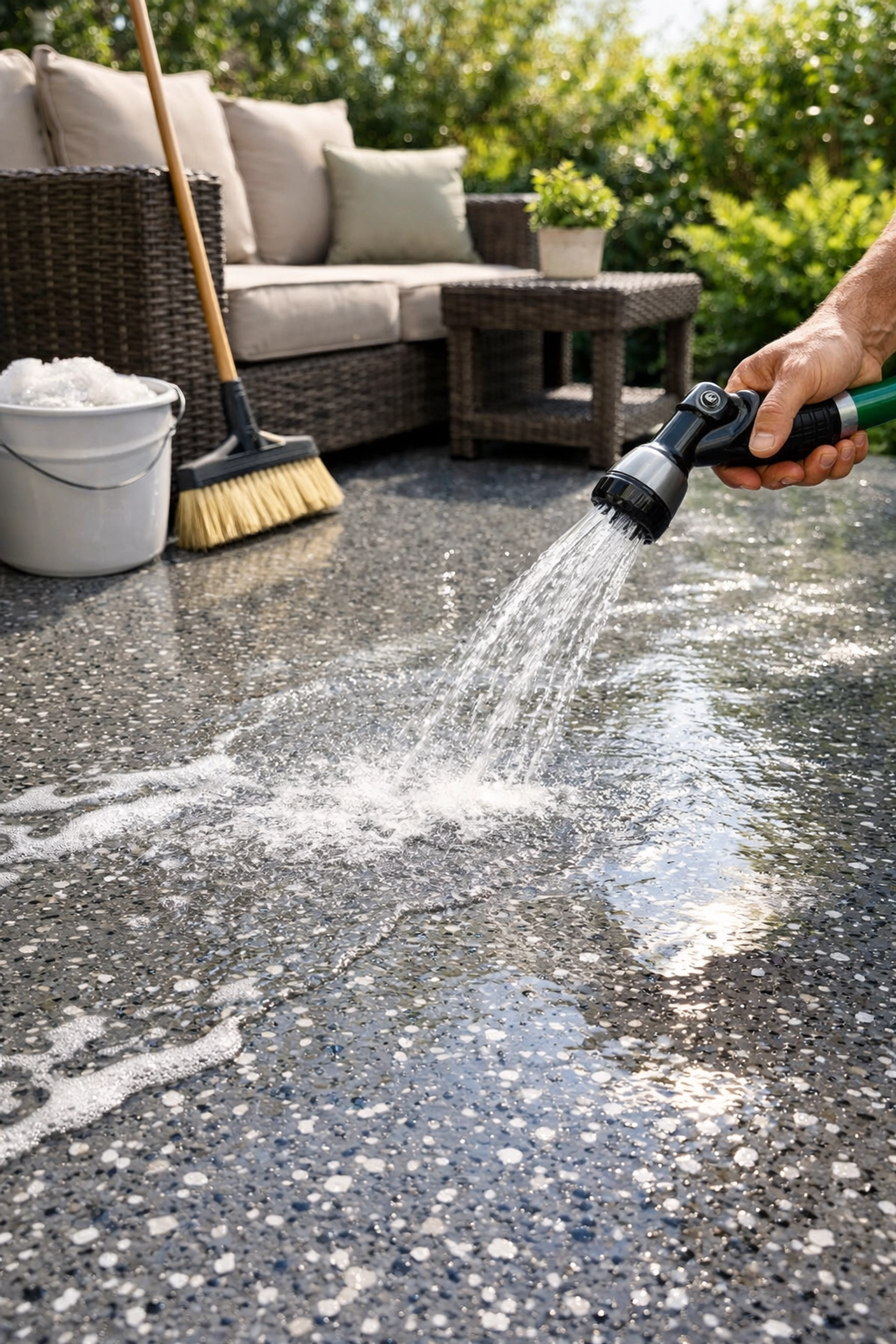Easy maintenance of polyaspartic patio floor coating with garden hose cleaning