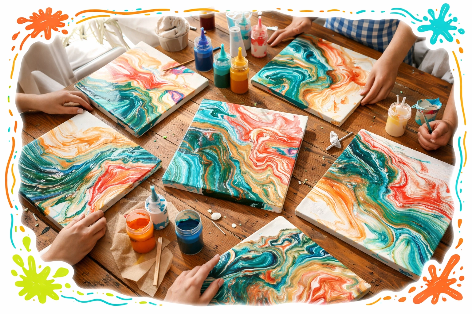 Vibrant acrylic pour paintings at a weekend art class at Acworth Arts Alliance in Cobb County