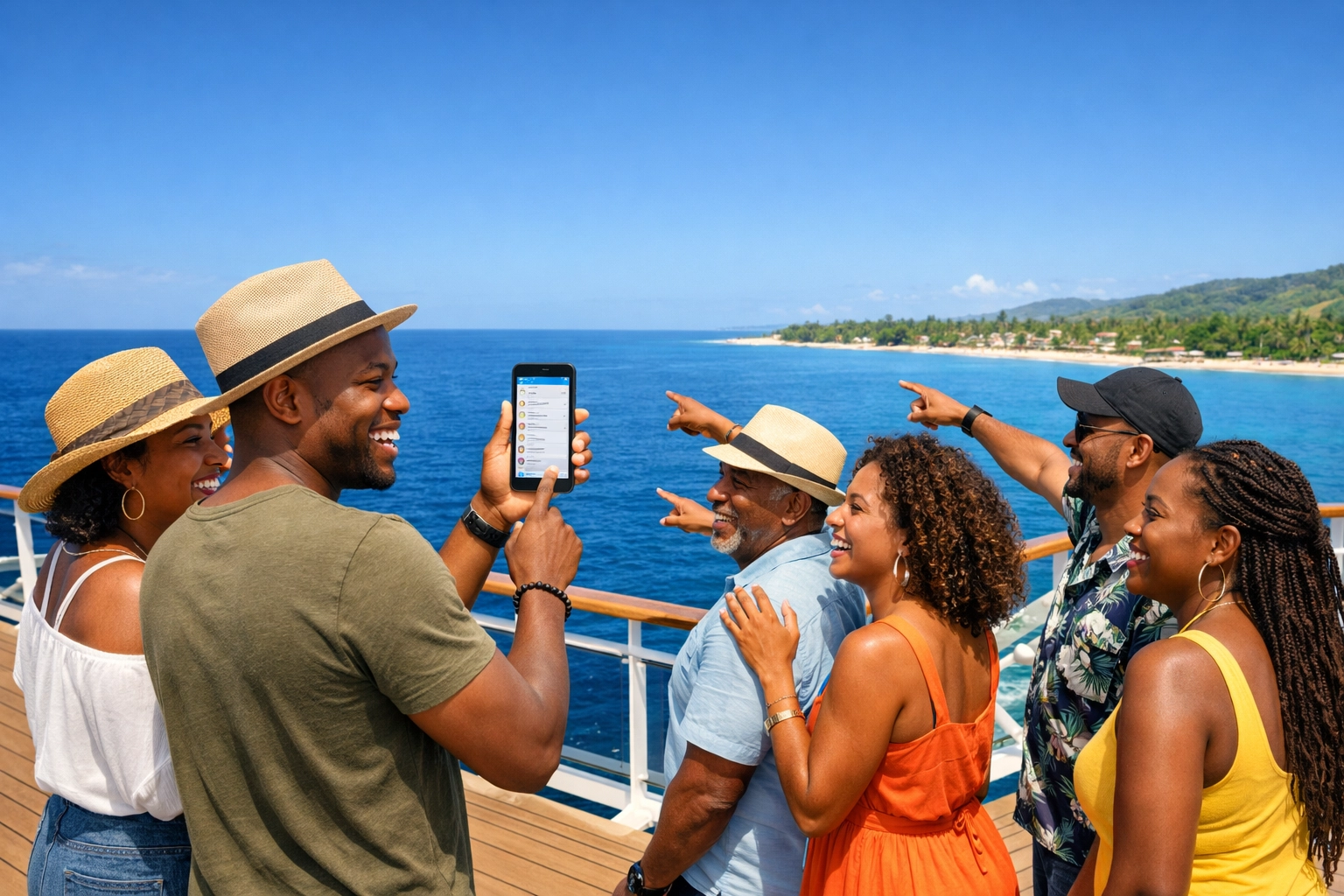 Travelers on a luxury cruise ship reviewing their digital travel itinerary on a smartphone.