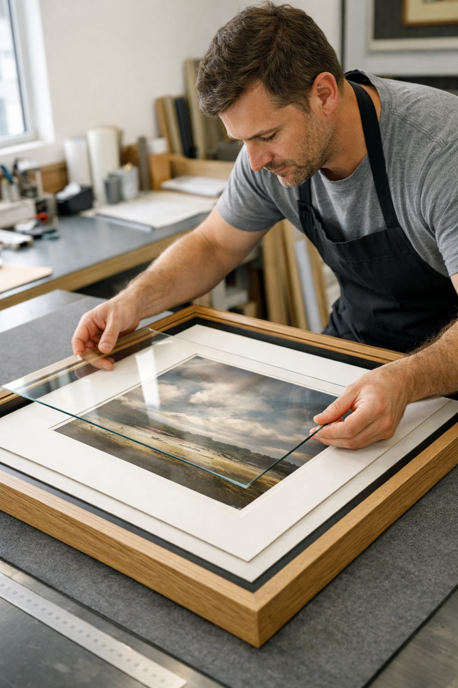Custom framing archival prints with UV-protective glass to prevent fading and damage.