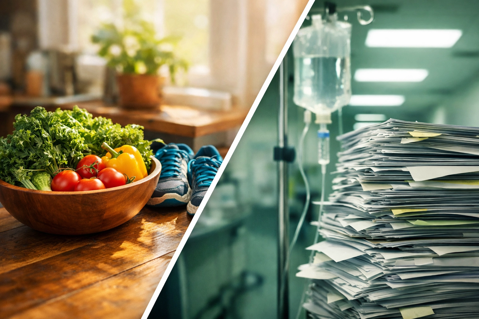 Comparison of affordable healthy living versus the high cost of medical industry treatments.