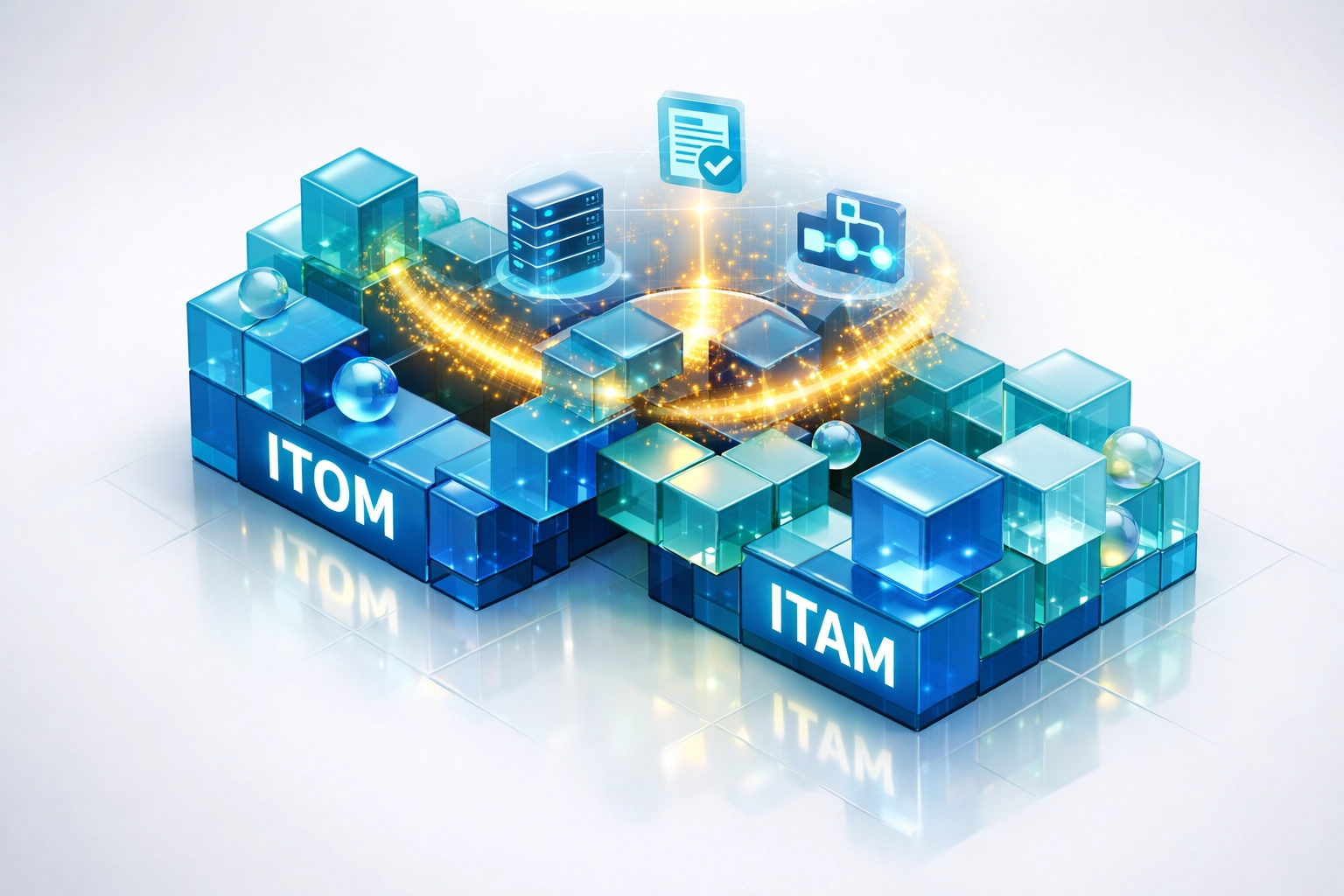 ServiceNow ITOM and ITAM integration visualized with synchronized data workflows