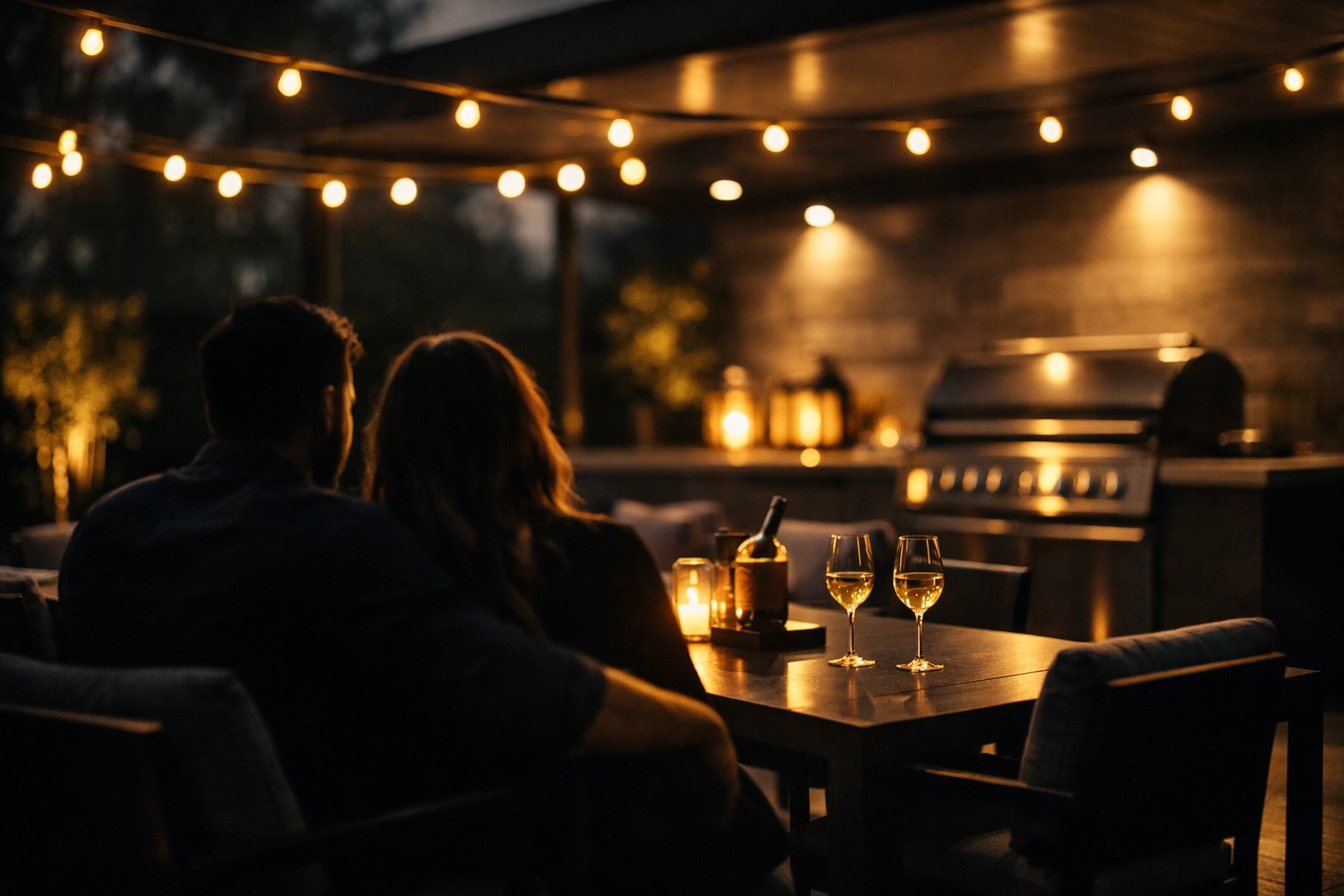 Professional property video tour showcasing outdoor entertaining area lifestyle scene at dusk