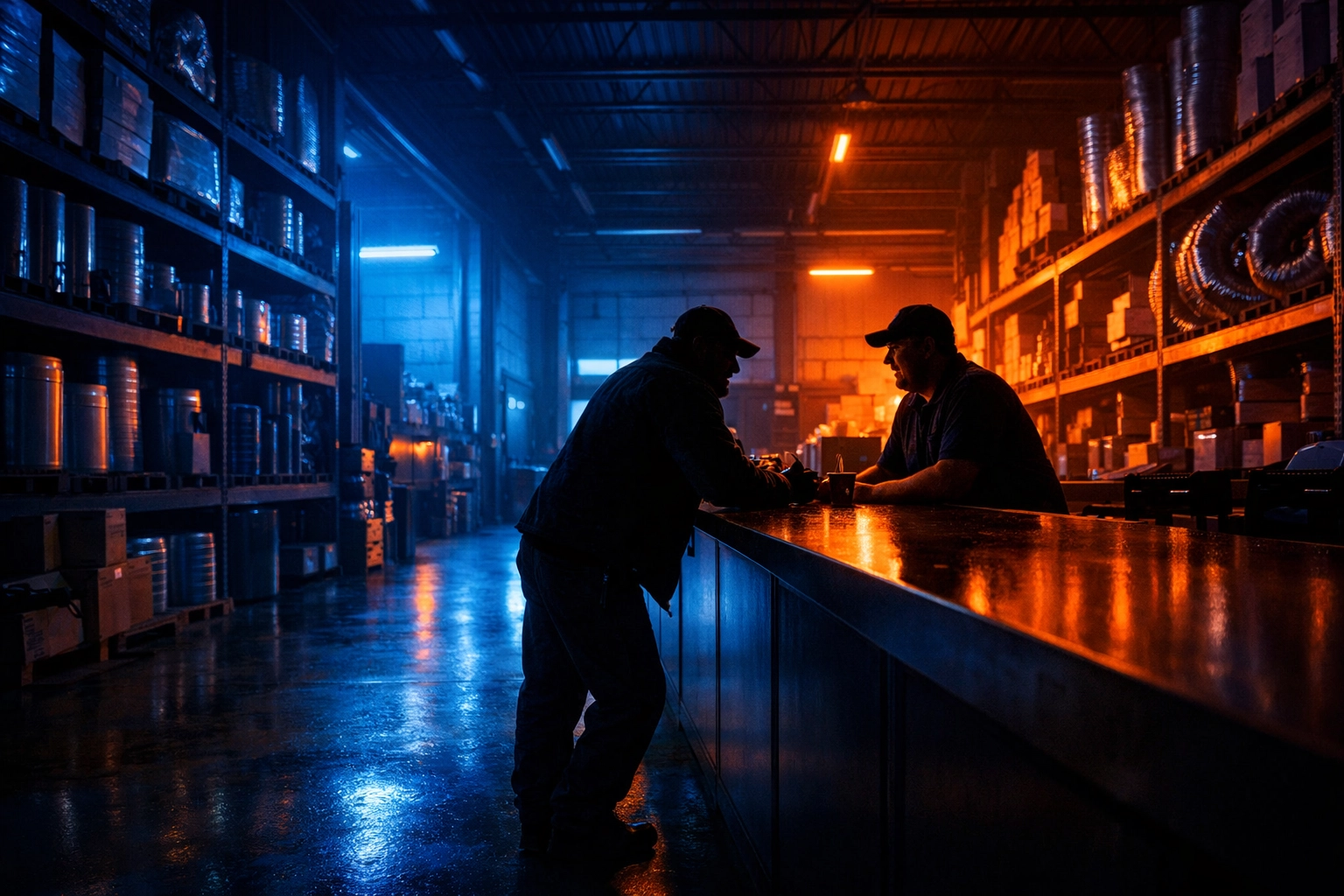 HVAC contractor discussing business at a distributor supply house counter.