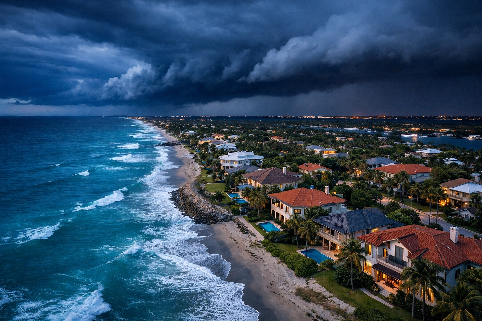 Aerial view of a Florida coastal neighborhood in a high-risk 160 MPH wind zone under storm clouds.