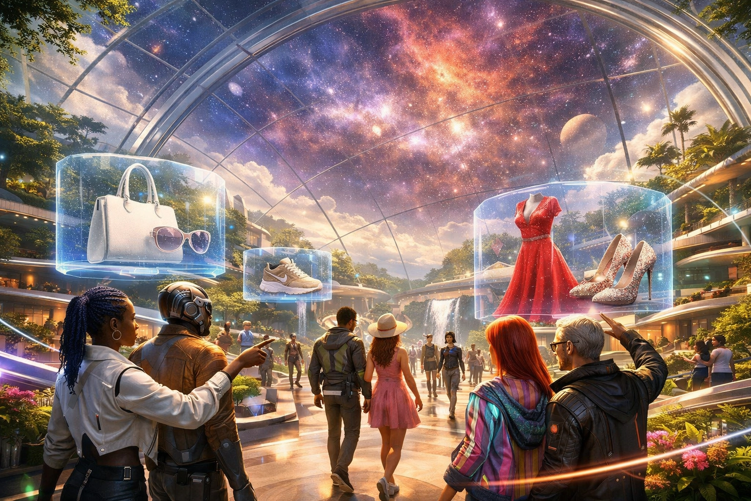 Digital avatars browsing virtual fashion displays in a futuristic social plaza within the metaverse.