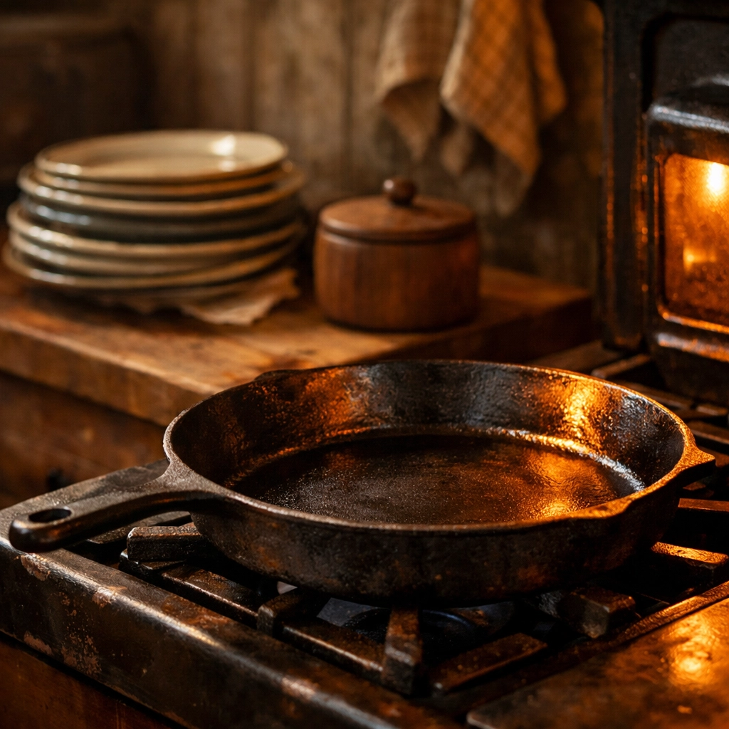 A warm Southern kitchen featuring a cast-iron skillet, perfect for reheating and transforming meals.