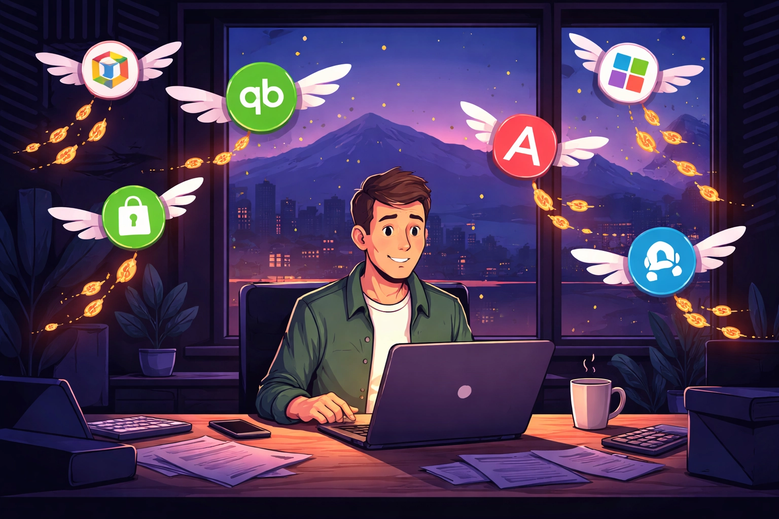 Small business owner surrounded by costly software subscriptions with Great Falls, Montana skyline in the background