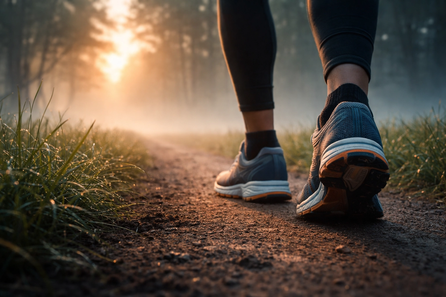 Running shoes on a misty forest trail at sunrise, capturing the benefits of remote running coach guidance in online personal training.