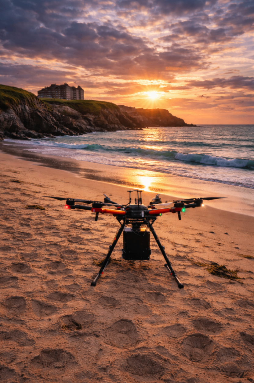 A specialised drone on a tranquil beach at sunset