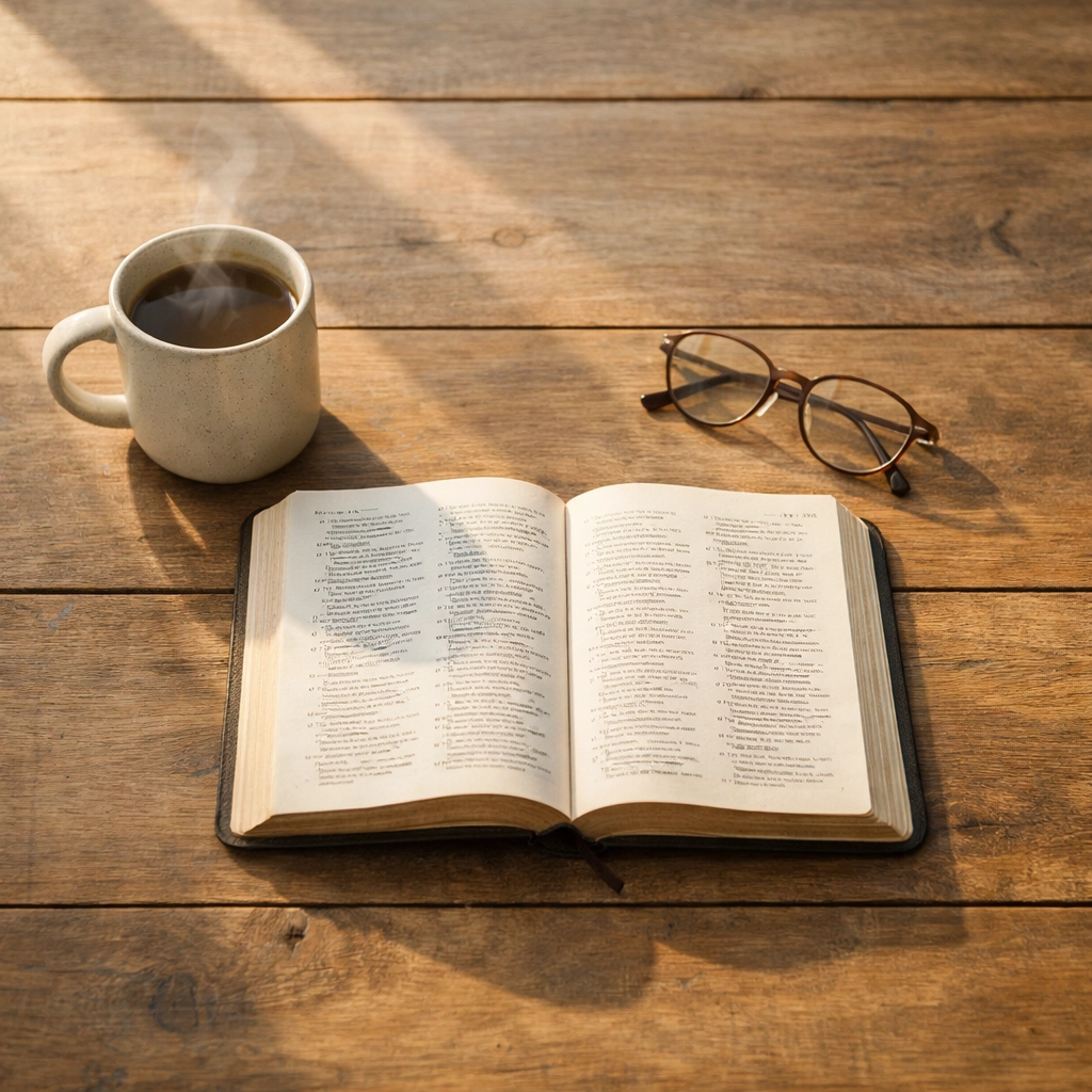 Open Bible and coffee mug on a rustic table, practicing stillness at our family church Smithville TN.