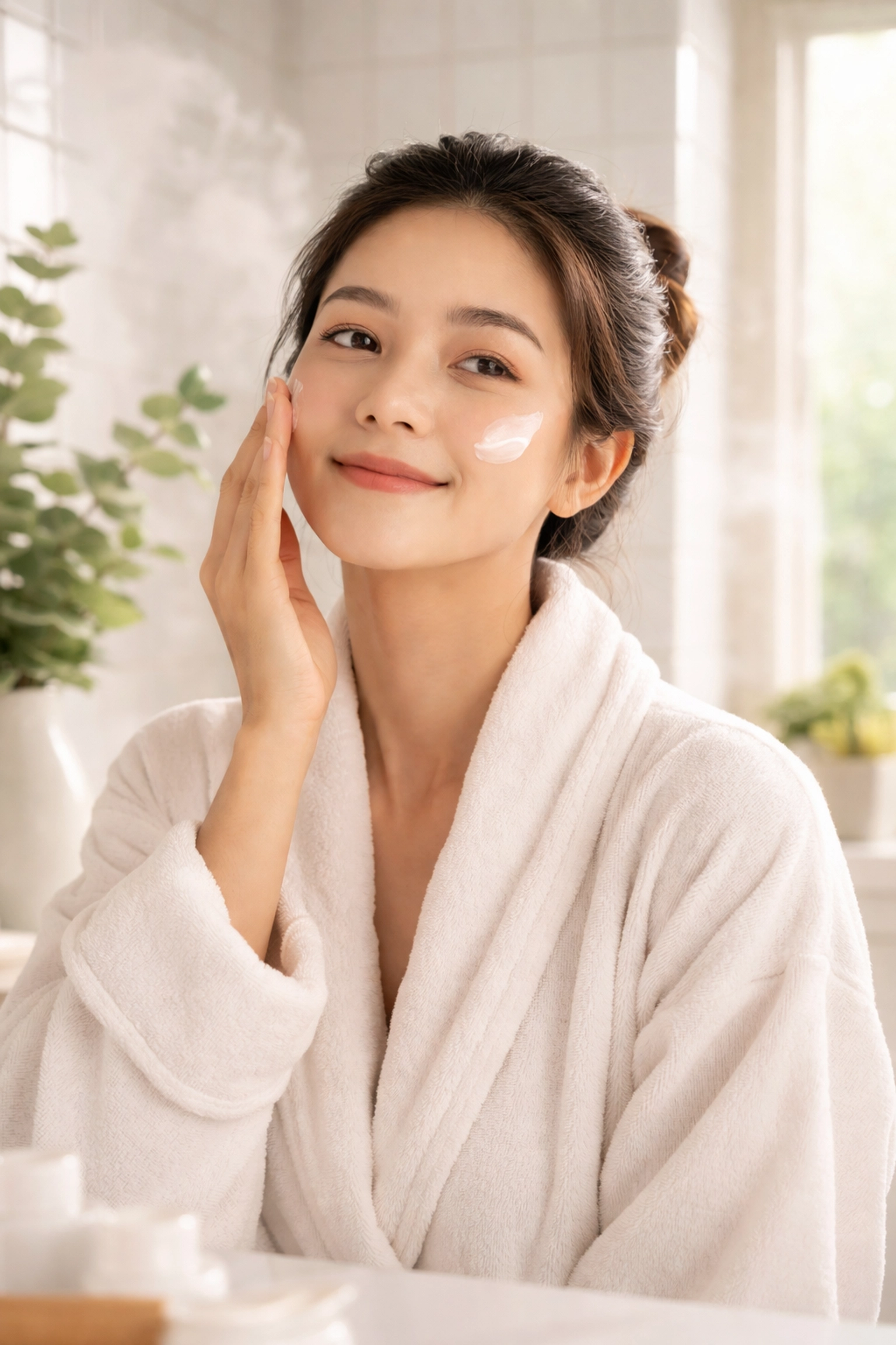 Woman applying moisturizer as part of her morning self-care ritual in a bright bathroom