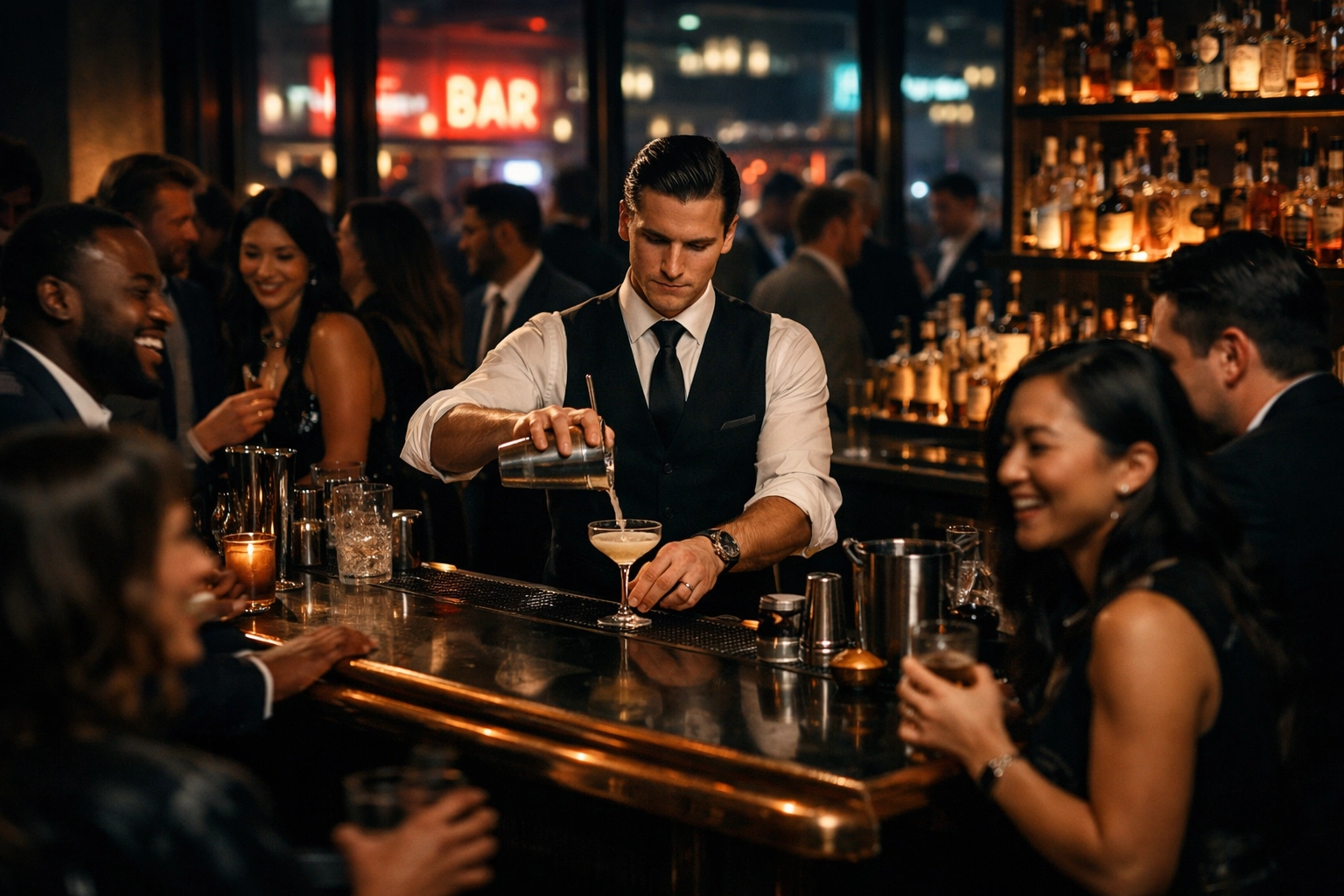 Calm, skilled bartender managing a high-energy bar during a sophisticated urban celebration.