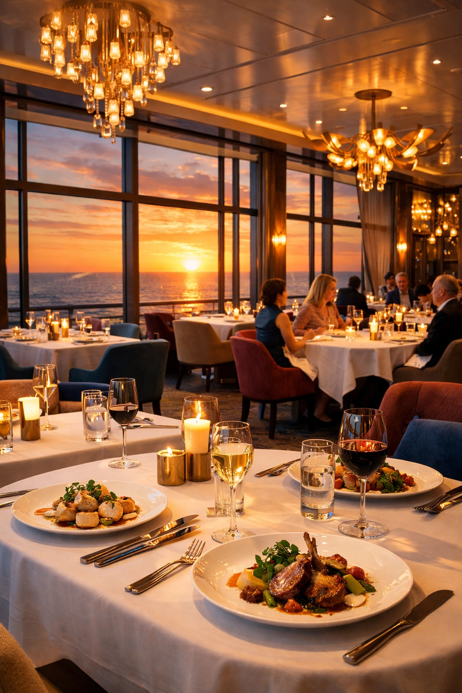 Celebrity Cruises luxury restaurant with ocean sunset views and gourmet dining