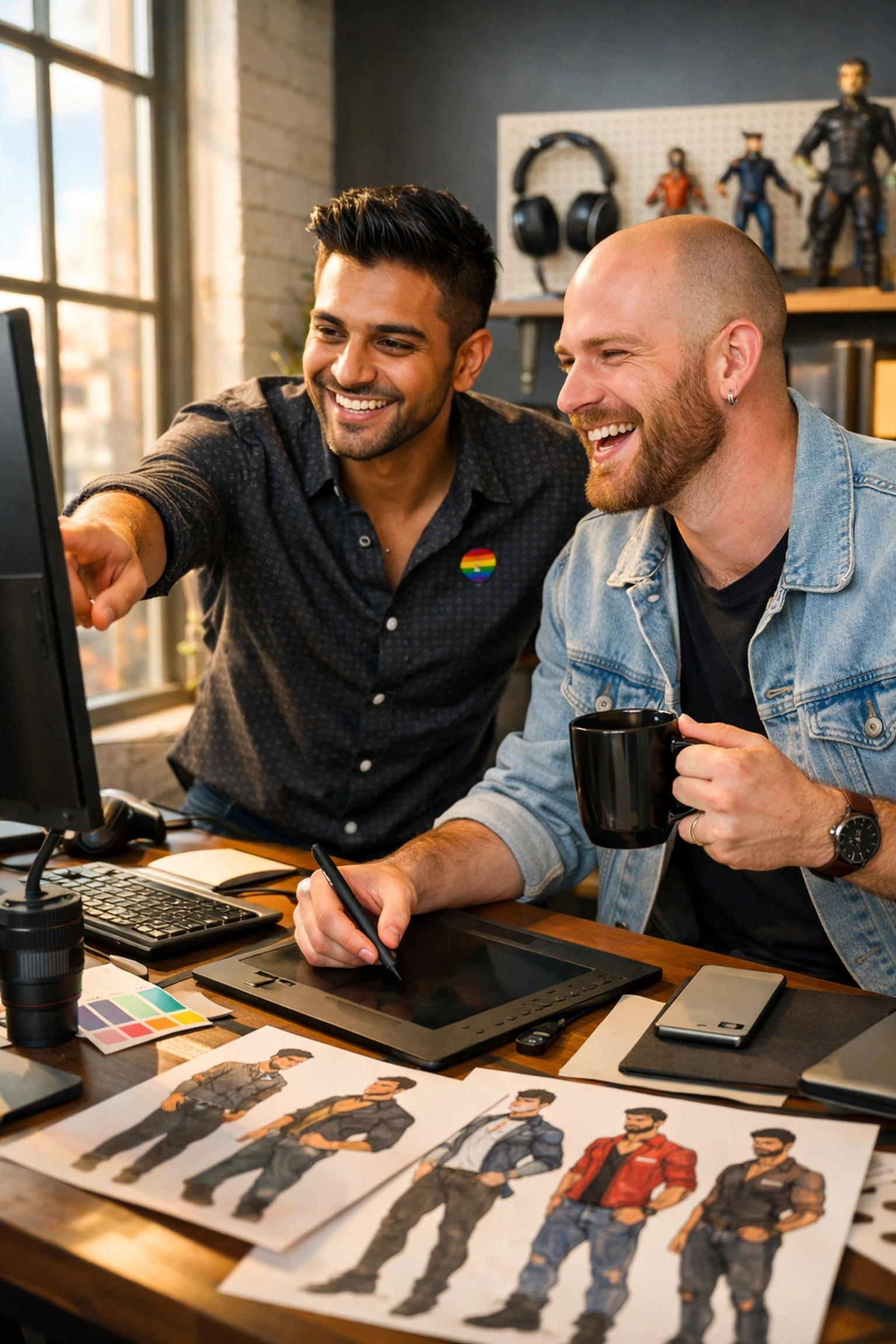 Queer game developers collaborating on diverse LGBTQ+ character designs in a modern studio.