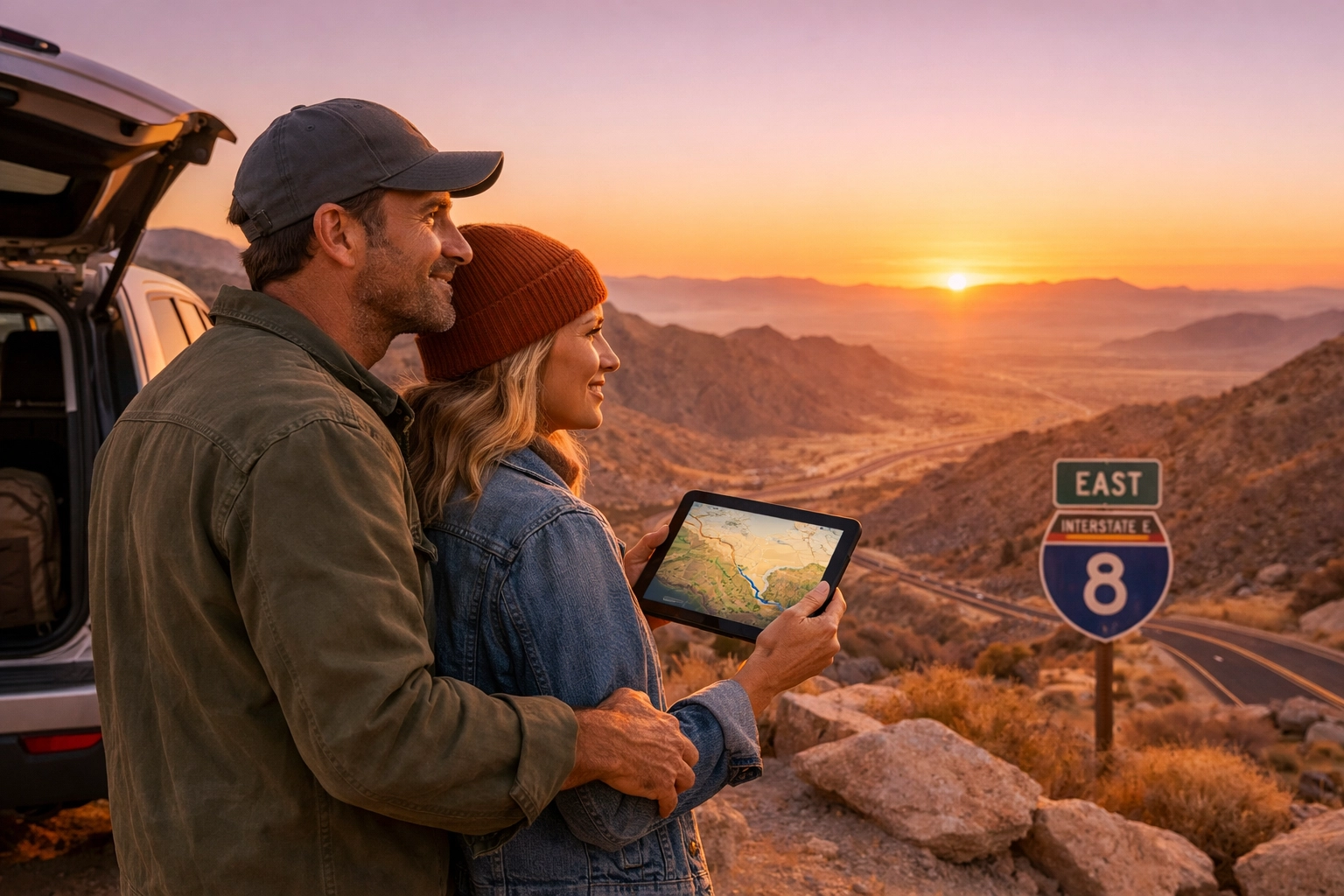 A couple looking at a map on the I-8 highway during their drive from San Diego to an Arizona IVF clinic.