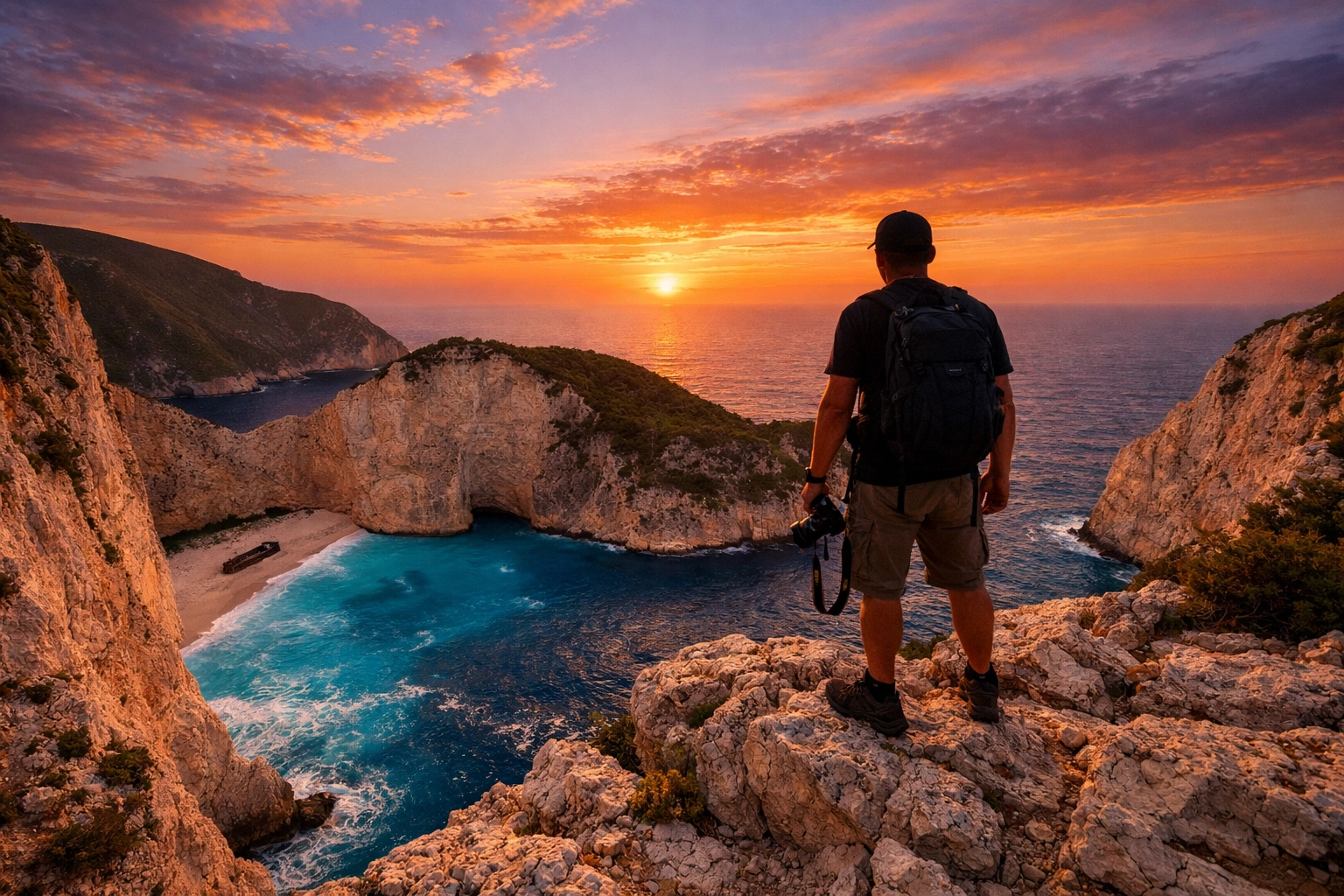 Photographer at sunset in Navagio Beach, Greece, exploring best photography locations and AI trends.
