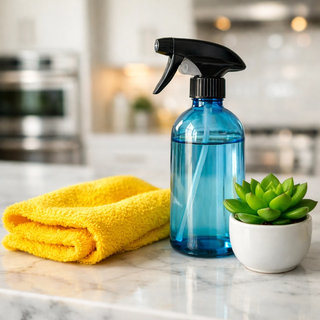 Eco-friendly cleaning tools sitting on a marble island during post construction cleaning Walpole.
